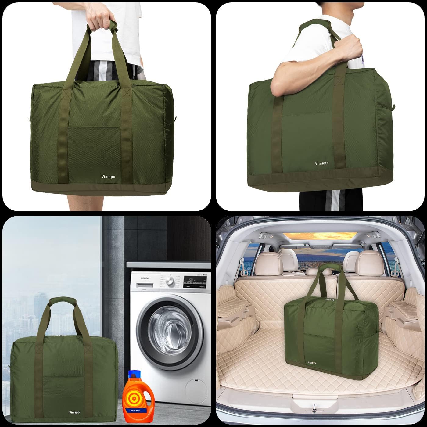 Vimapo Foldable Travel Duffle Bag with Trolley Sleeve 40L - 18x14x8 inches Airline Underseat Lightweight Travel Bag - Packable Ripstop Nylon Carry on Bag (Army Green)