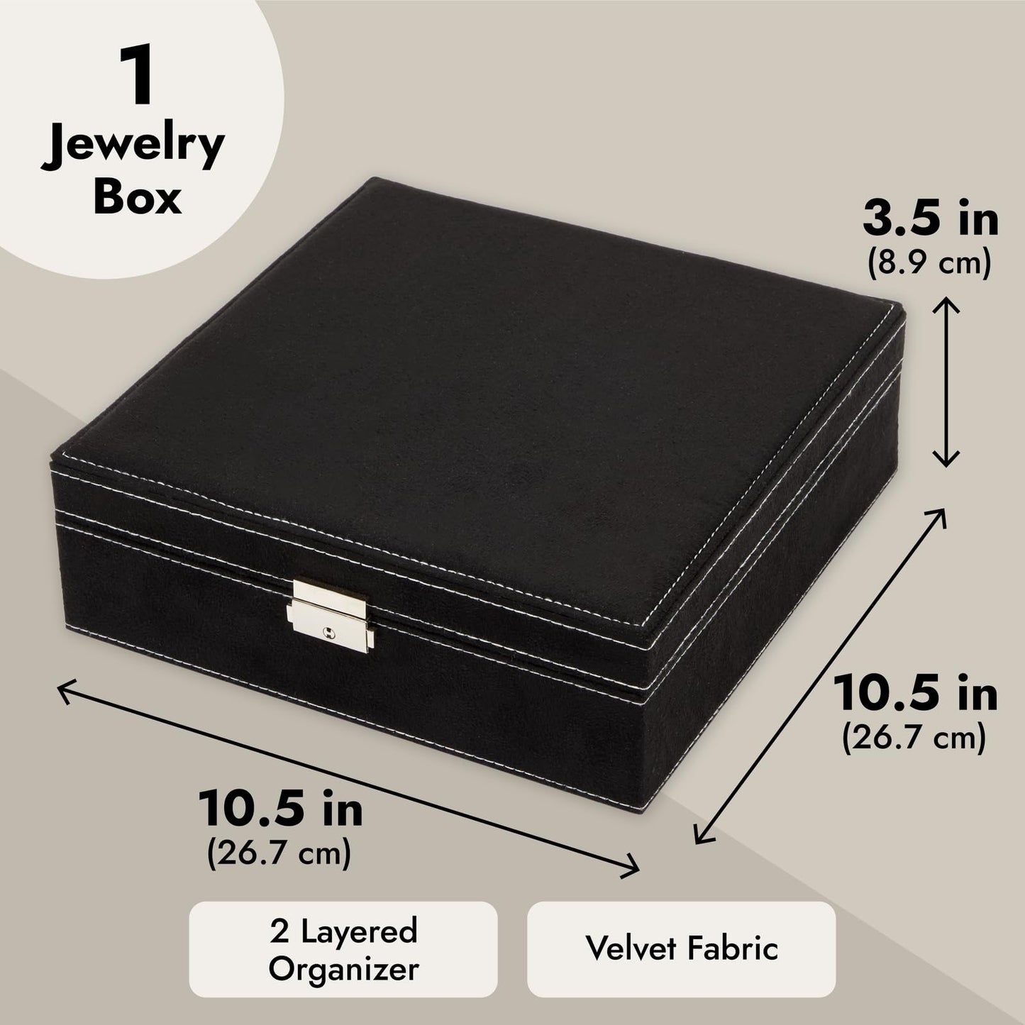 Juvale Jewelry Box for Men - 10.5 x 10.5 x 3.5 in, Black Velvet - Locking 2-Layer Travel Jewelry Organizer & Earring Holder, Necklace Organizer & Decorative Tray