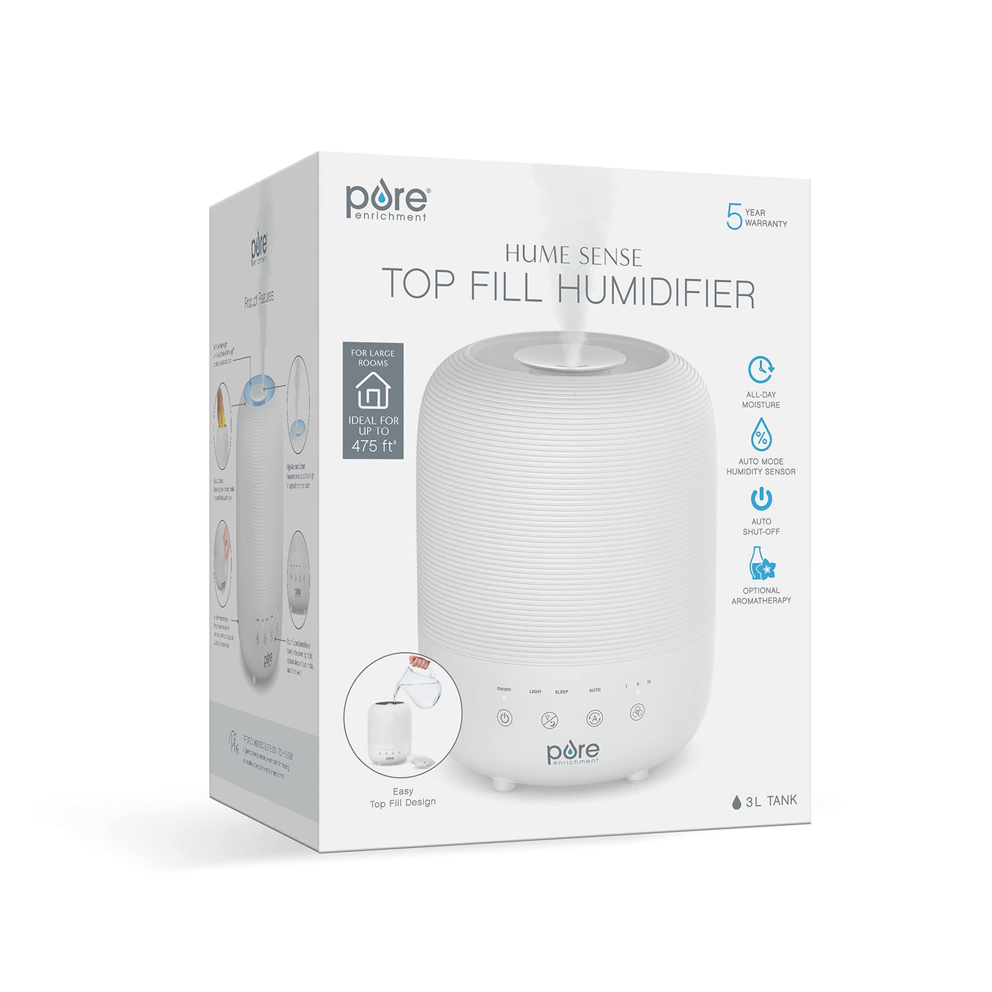 Pure Enrichment® HUME™ Sense Top Fill Humidifier – Large 3L Tank, Auto Mode Humidity Sensor, 3 Mist Settings, Optional Night Light, Optional Aromatherapy, Sleep Mode & Auto Shut-Off