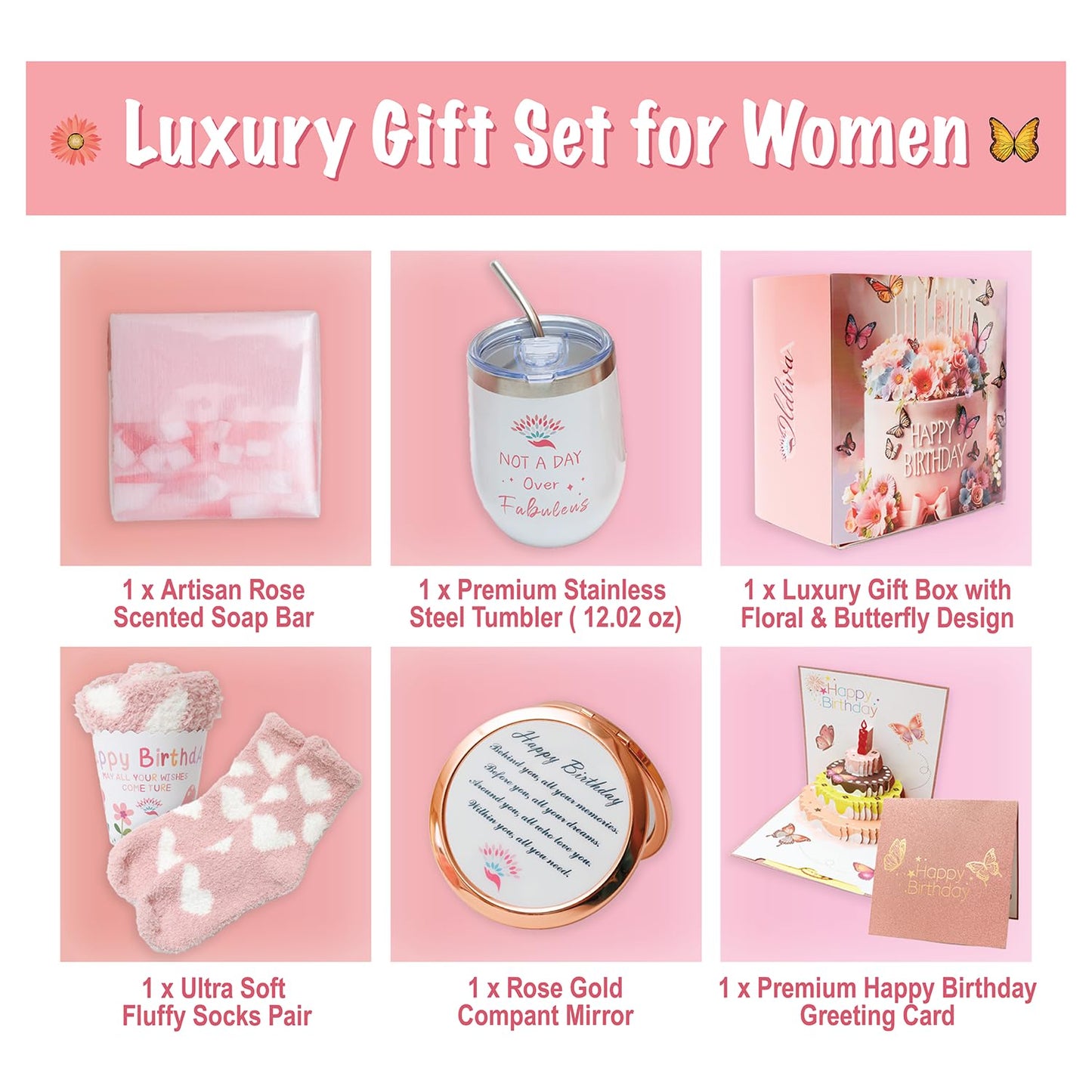 Unique Birthday Gifts for Women, Present Ideas for Her, Mom, Wife, Sister, Friend, Coworker Luxury Birthday Box for Women Gift Basket with Tumbler, Rose Soap, Mirror Birthday Greeting Card