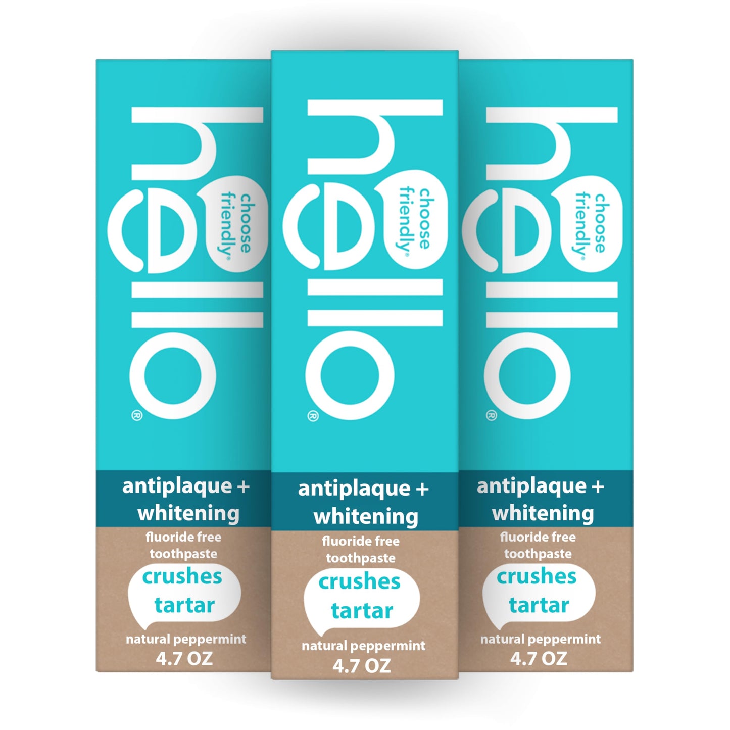 Hello Antiplaque Whitening Toothpaste, Fluoride Free Toothpaste for Teeth Whitening with Natural Peppermint Flavor and Tea Tree Oil, Peroxide Free, Gluten Free, SLS Free, 3 Pack, 4.7 OZ Tubes