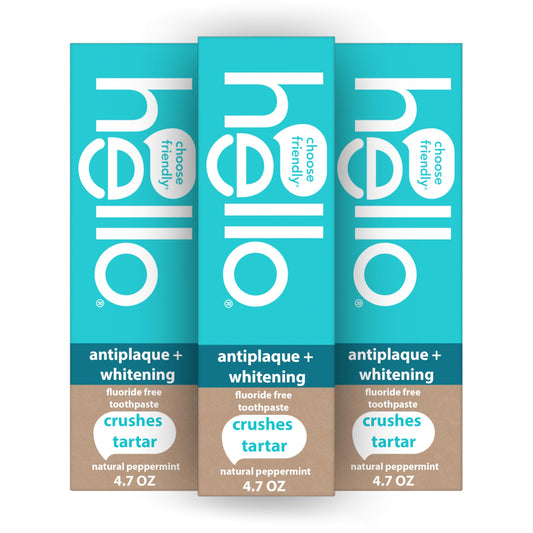 Hello Antiplaque Whitening Toothpaste, Fluoride Free Toothpaste for Teeth Whitening with Natural Peppermint Flavor and Tea Tree Oil, Peroxide Free, Gluten Free, SLS Free, 3 Pack, 4.7 OZ Tubes