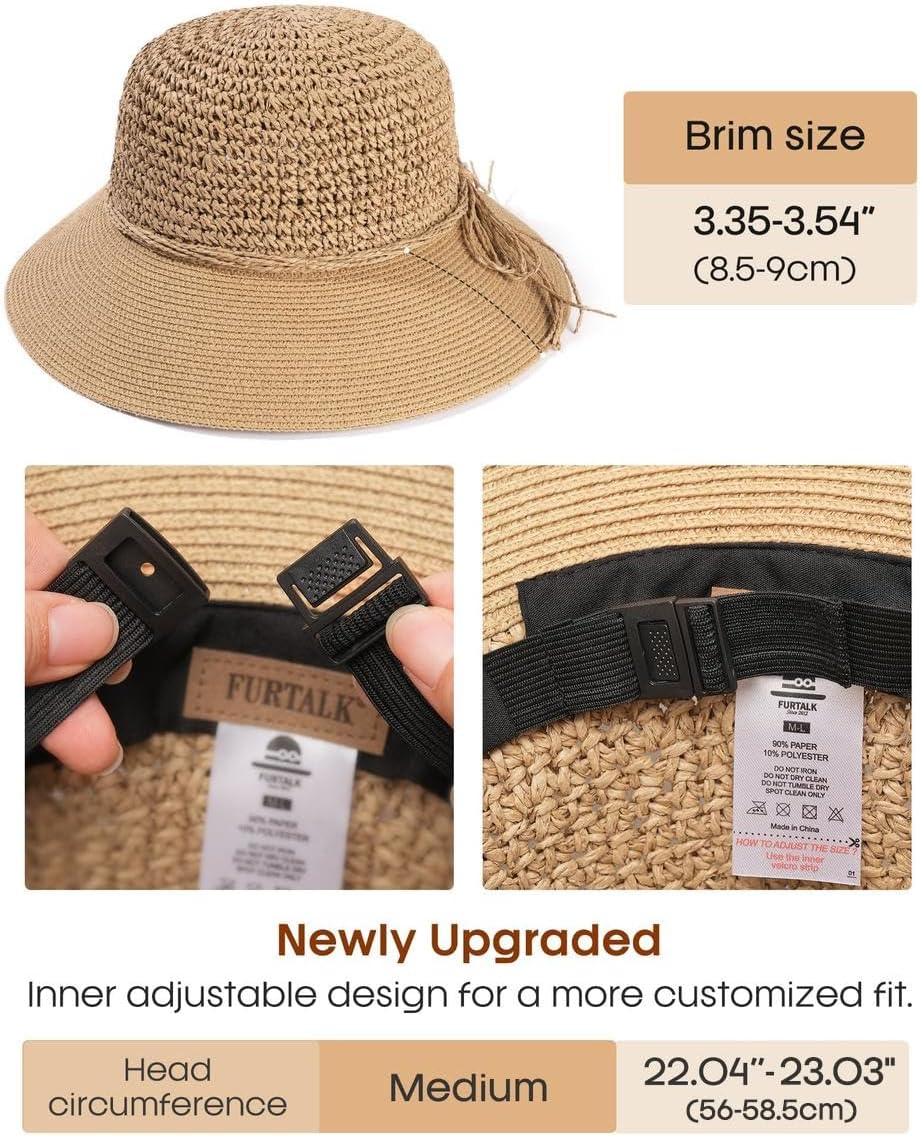 FURTALK Womens Summer Straw Beach Sun Hat Wide Brim Handmade Crochet Hats Khaki, Medium
