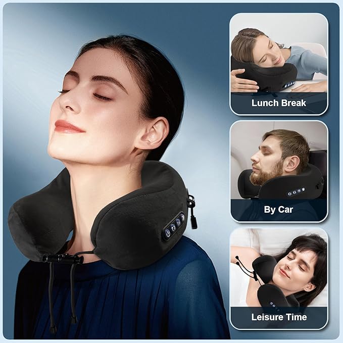 Electric Neck Massager,Portable Heated Kneading Massage Cushion Pillow,Rechargeable Shoulder Neck U-Shaped Massage Shiatsu,for Pain Relief at Home,Car,Office,Travel(Black)