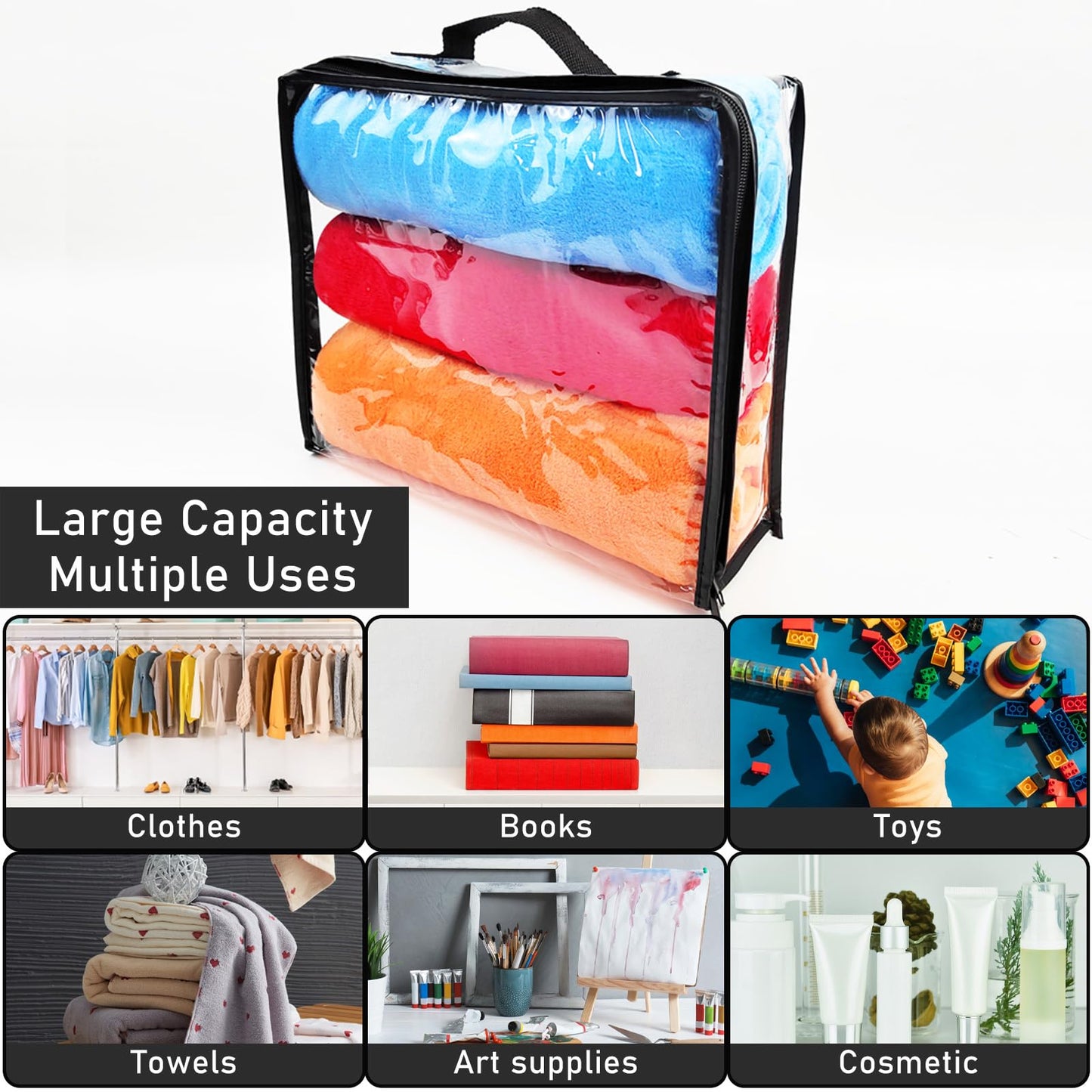 Hlimior 10 Pieces Large Clear Travel Packing Cube ,Clear Vinyl Zippered Storage Bags See Through Moving Bag Plastic Storage Bags PVC Multipurpose Pouch with Handle for Sweater Shirts Dress Storage