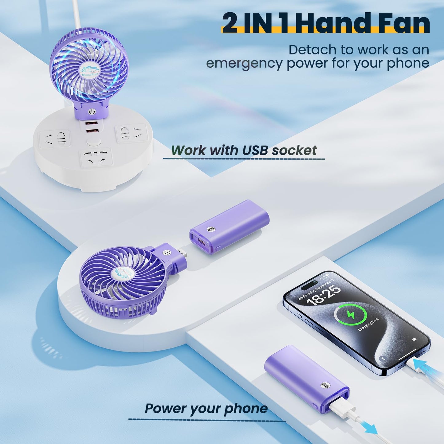 HandFan 5200mAh Handheld Fan Rechargeable, 20H Runtime Hand Fan, 3 Speeds Strong Airflow, Personal 180° Foldable Portable Fans for Travel/Summer/Concerts/Lash/Commute, Gifts for Women (Purple)