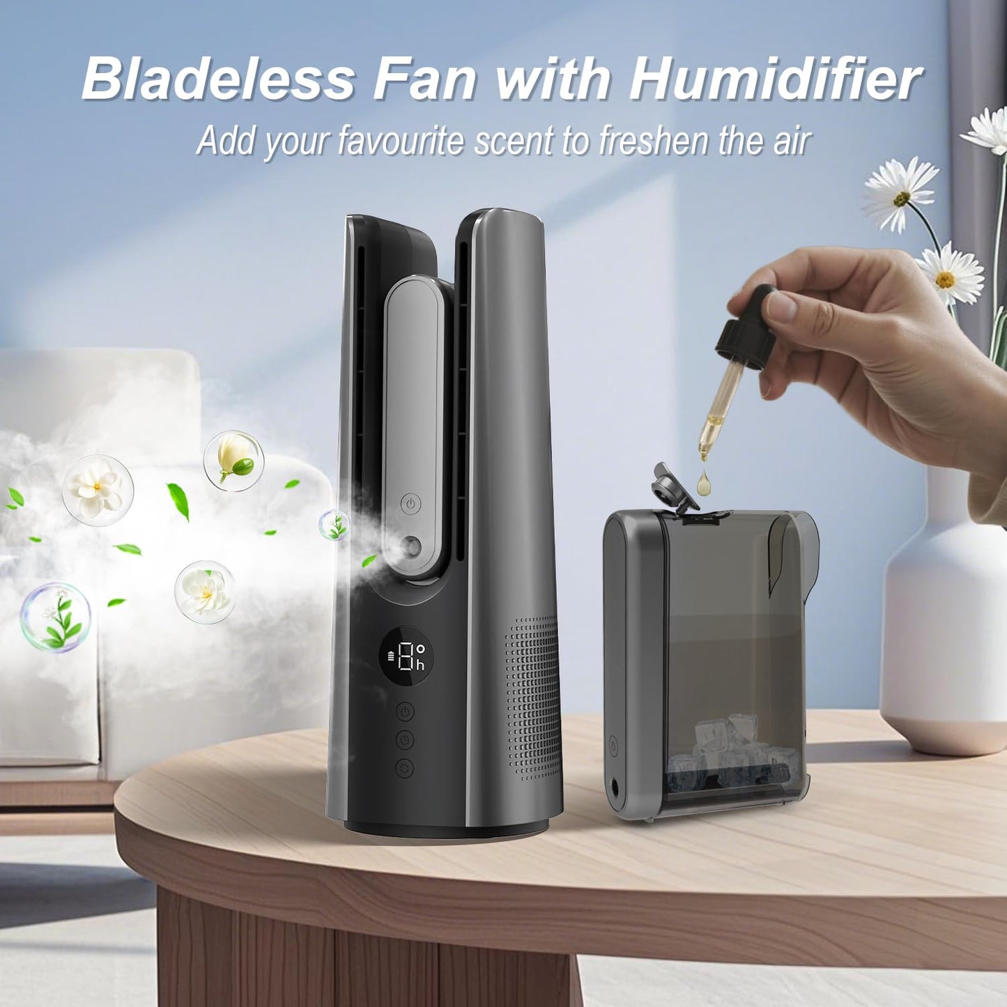 MEIIS Desk Fan, Small Quiet Table Fan with Humidifier, 14 Inch Portable Bladeless Fan with 9 Speed Adjustment, 2 Modes, 5000mAh Battery, 60° Oscillating Mini Fan for Bedroom Office Living Room Dorm