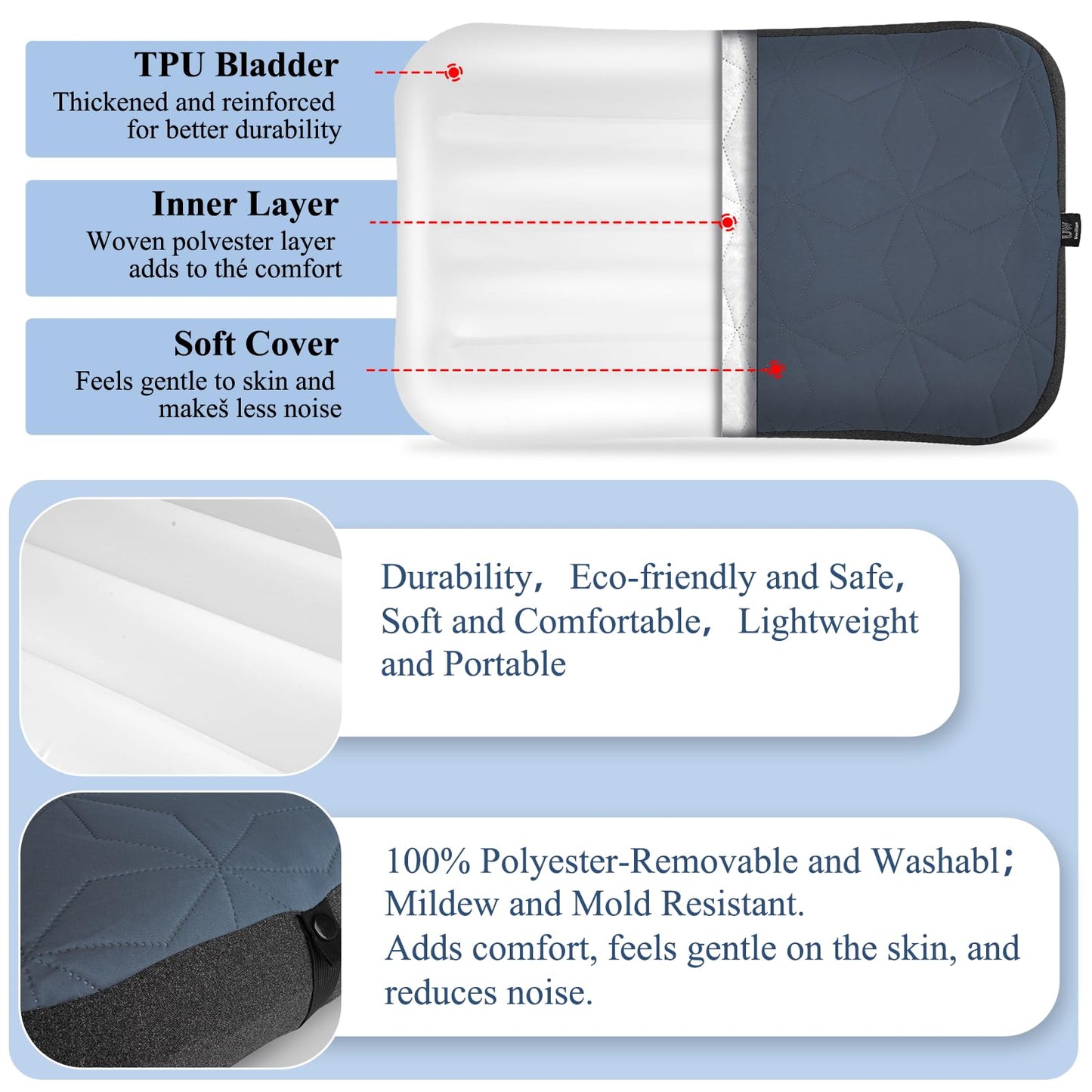 UWILLION Camping Pillow with Removable Cover Large Size 24“ x 15" - Ultralight Inflatable Pillow for Camping Lightweight, Ergonomic and Washable for Camping, Hiking, and Travel Gray