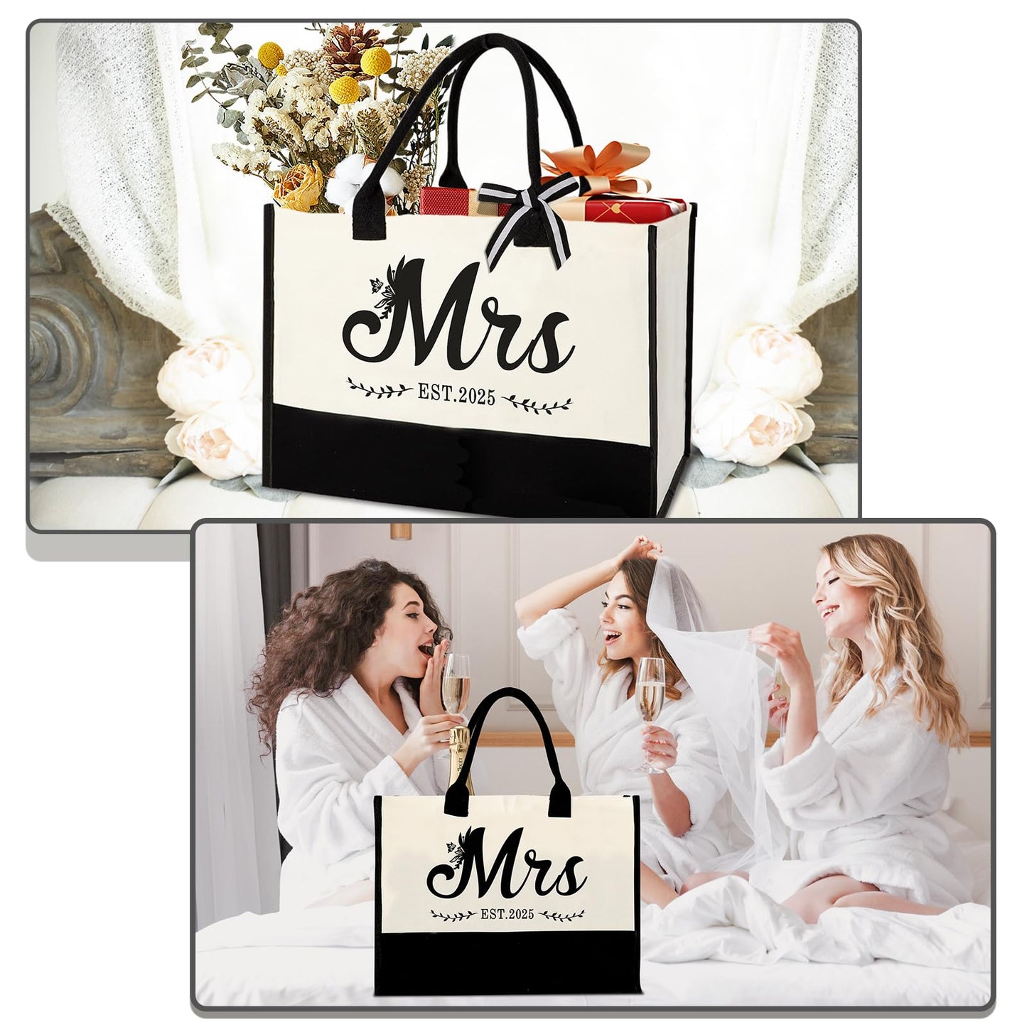 Vanqruo Mrs 2025 Bride Canvas Tote Bag with Makeup Bag, Wedding Gifts for Bridal Shower Bachelorette Party Engagement Honeymoon, Miss to Mrs, Bride to Be Gifts