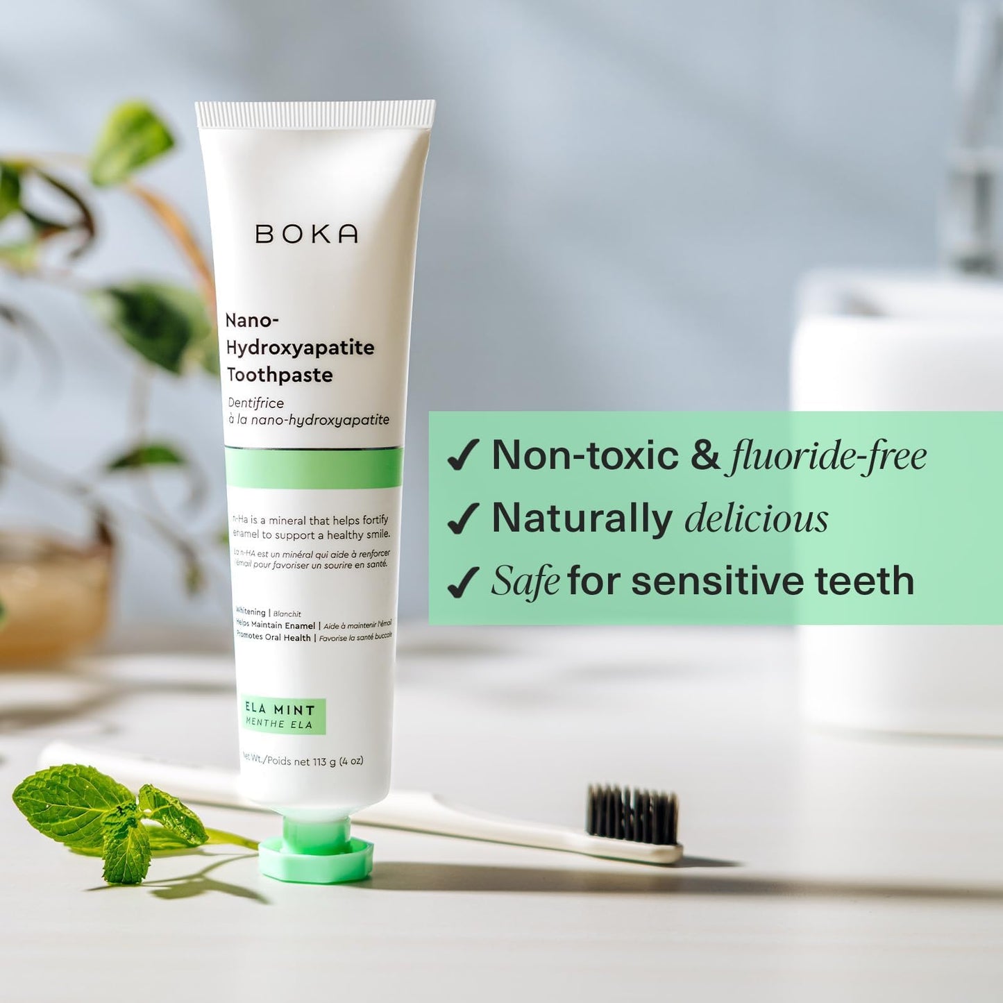 Boka Fluoride Free Toothpaste - Nano Hydroxyapatite - Ela Mint 4oz and Travel Size Mouthwash Tablets - Hydroxyapatite, Fluoride/Alcohol Free & Eco-Friendly