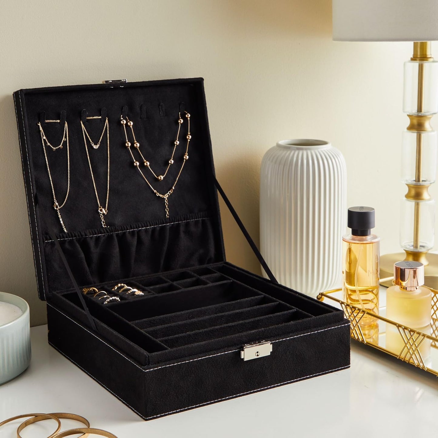 Juvale Jewelry Box for Men - 10.5 x 10.5 x 3.5 in, Black Velvet - Locking 2-Layer Travel Jewelry Organizer & Earring Holder, Necklace Organizer & Decorative Tray