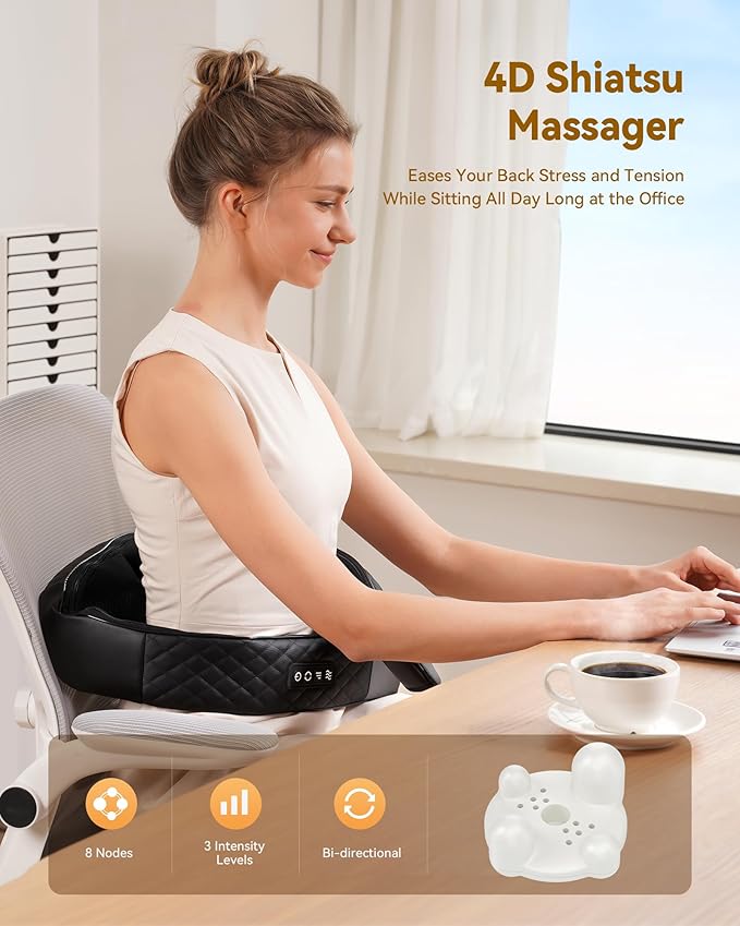 Shiatsu Neck and Shoulder Massager with Heat, Neck and Back Massager, Deep Tissue 4D Kneading Massage Pillow for Shoulder, Back, Body Muscle Pain Relief, Gifts for Women Men Mom Dad Friend, Corded Use