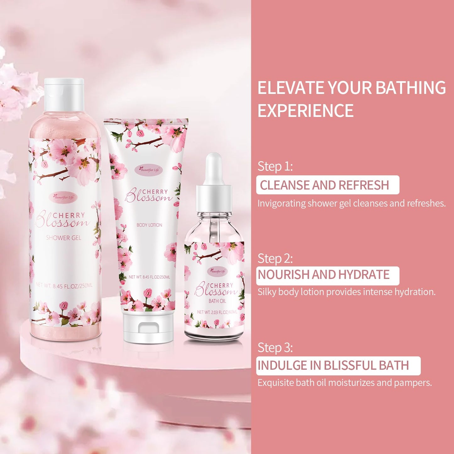 Bath and Body Gift Set for Women - Luxurious Home Spa Gift Set, Japanese Cherry Blossom Scented 7-Piece Set Including Shower Gel, Body Lotion, Bath Oil, Bath Salt, Soap, Bath Bombs, and Candle