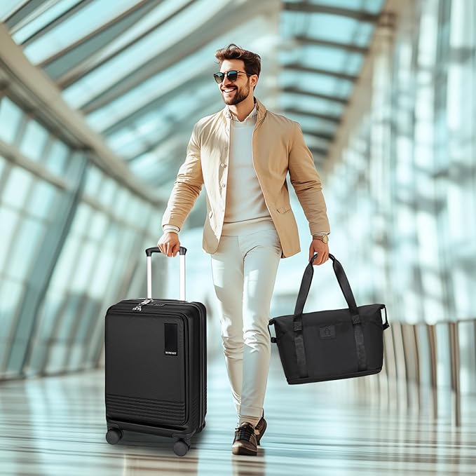 20 inch Small Carry On Luggage Front Open with Laptop Pocket, ABS+PC Hard Shell Suitcase with Spinner Wheels TSA Lock & YKK Zipper, 20in/Toiletry Bag/Handbag, Black