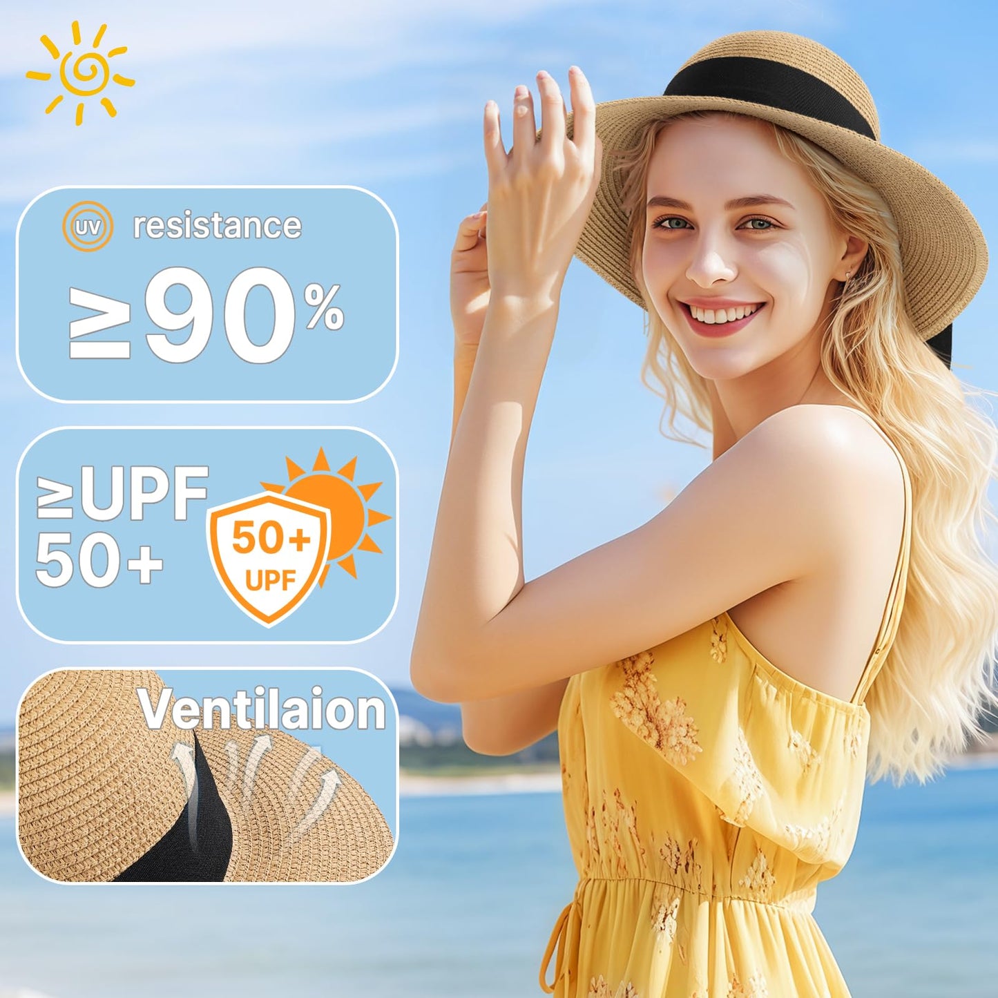 Beach Hats for Women - Wide Brim Sun Straw Hat for Women, UPF 50+ UV Sun Protection Sun Hat Womens, Floppy Sun Hat Foldable Roll up Cap, Khaki