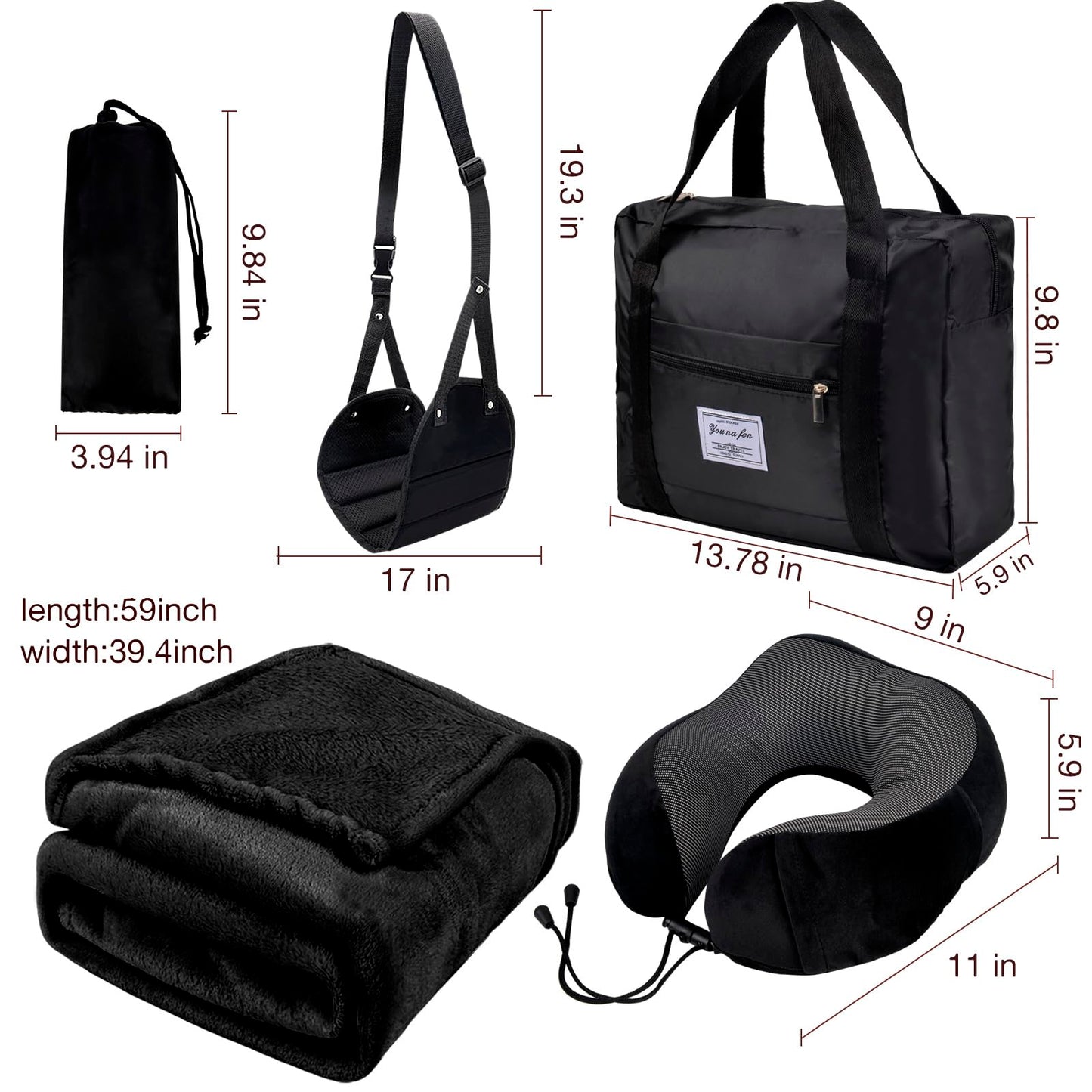 Travel Pillow and Blanket Set & Foot Rest, Memory Foam Neck Pillow Airplane Blanket & Airplane Foot Hammock & Foldable Duffel Bag, Eye Mask & Earplugs, Portable Travel Accessories Essentials, Black