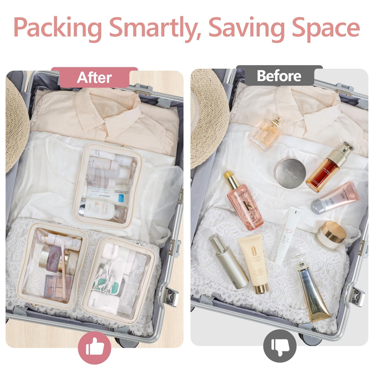 PACKISM Clear Makeup Bag - Soft Plastic Color-Edged TSA Approved Toiletry Bag, Reusable Clear Toiletry Bags with Golden Zipper, Beige