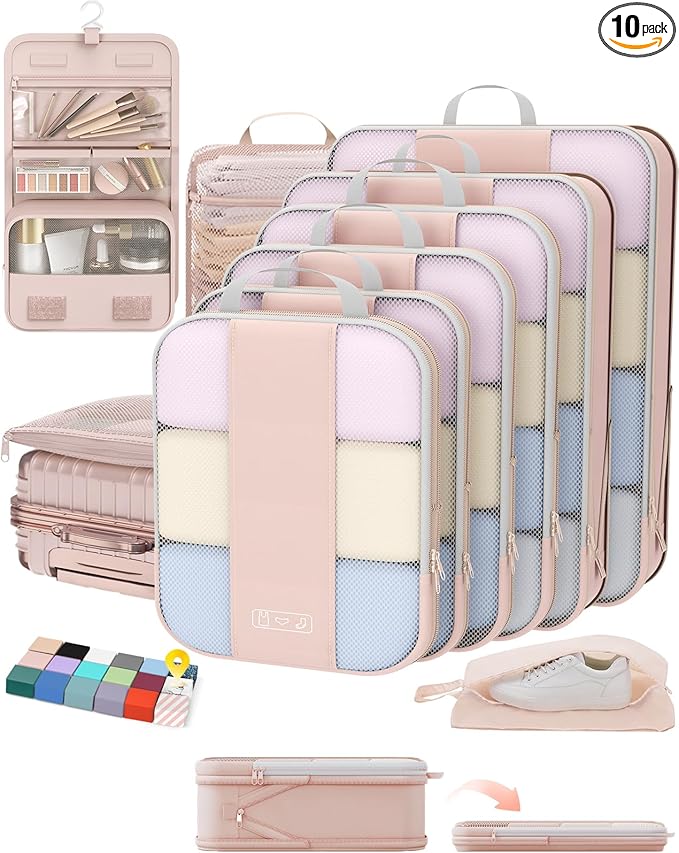 10 Set Compression Packing Cubes for Travel Women Mom,OlarHike Luggage Clothes Storage Gifts for Travelers,Airplane/Cruise/Car/Train Travel Essentials,Compressible Expandable Saver Space Bags(Beige)