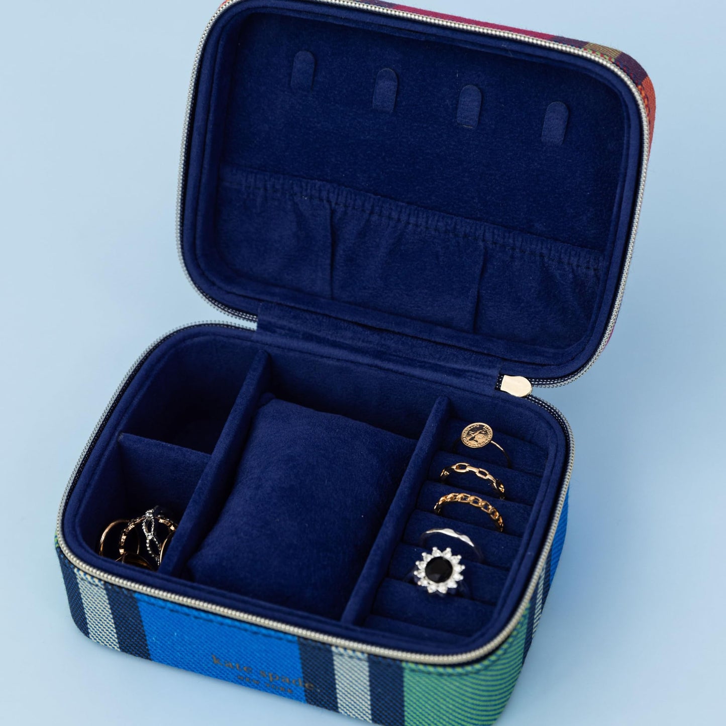 kate spade new york Black Travel Jewelry Case, Small Jewelry Box to Organize Rings, Necklaces, Earrings, Grand Plaid Duo