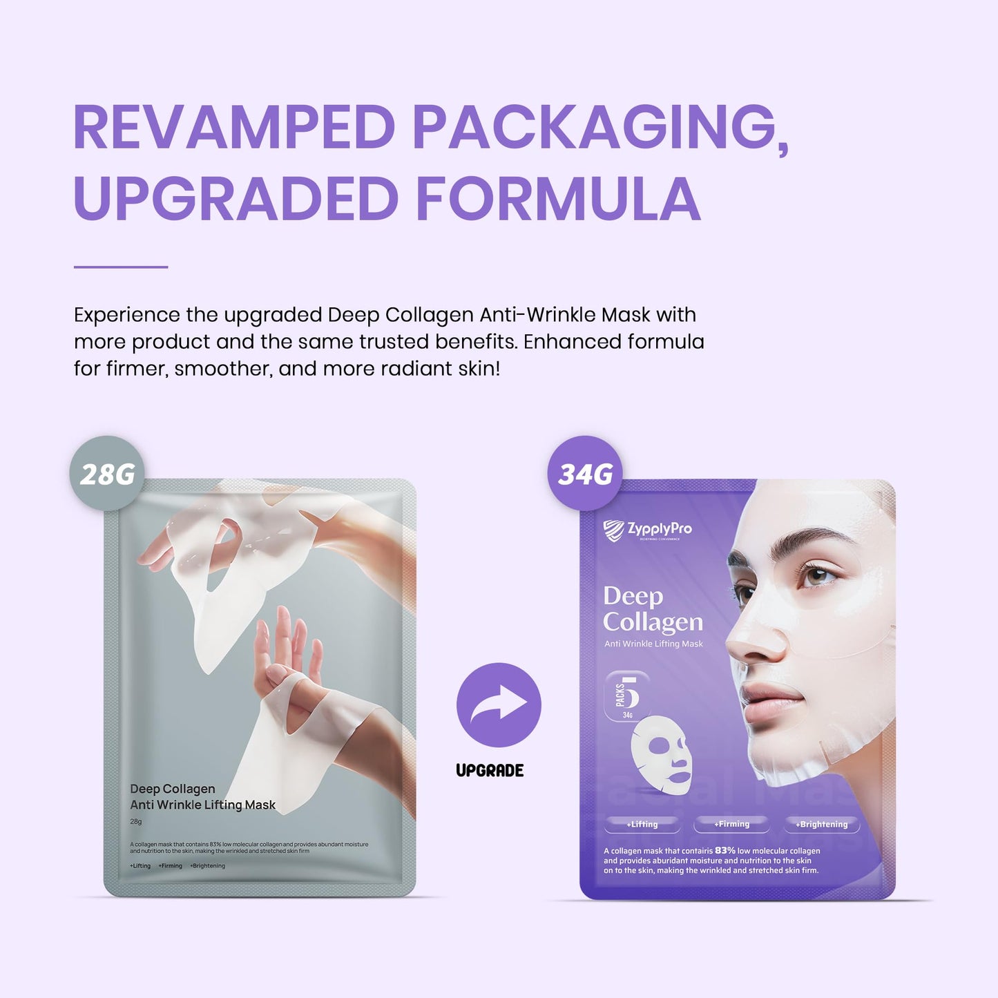 Deep Collagen Anti-Wrinkle Lifting Overnight Facial Mask, Hydrogel Sheet Mask for Glass Glow Skin 34g x 5ea Low Molecular Weight Collagen for Hydration, Pore Tightening, Elasticity & Moisturizing 5Pcs