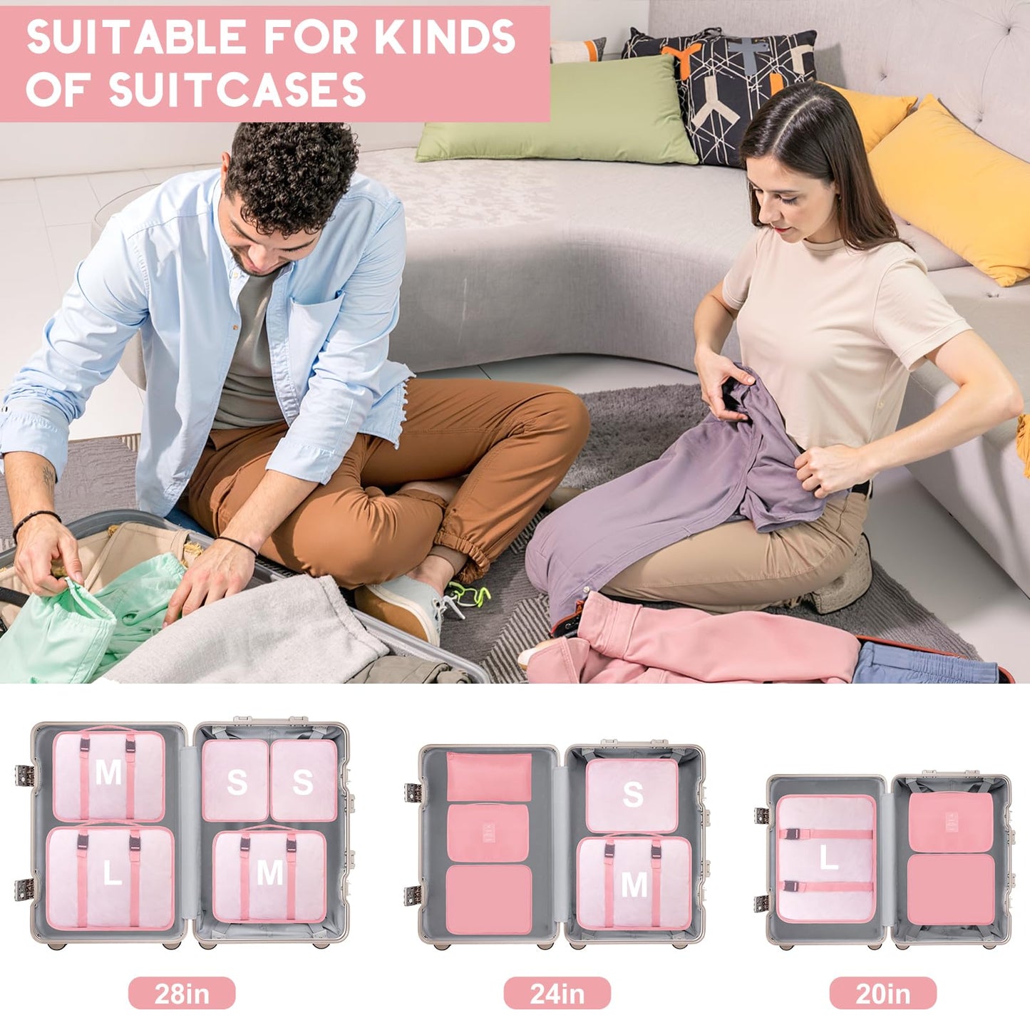 10 Set Packing Cubes for Travel, Travel Packing Cubes with Hanging Toiletry Bag and Shoe Bag, Suitcase Luggage Organizer Bags for Travel Essentials Women Men (Pink)