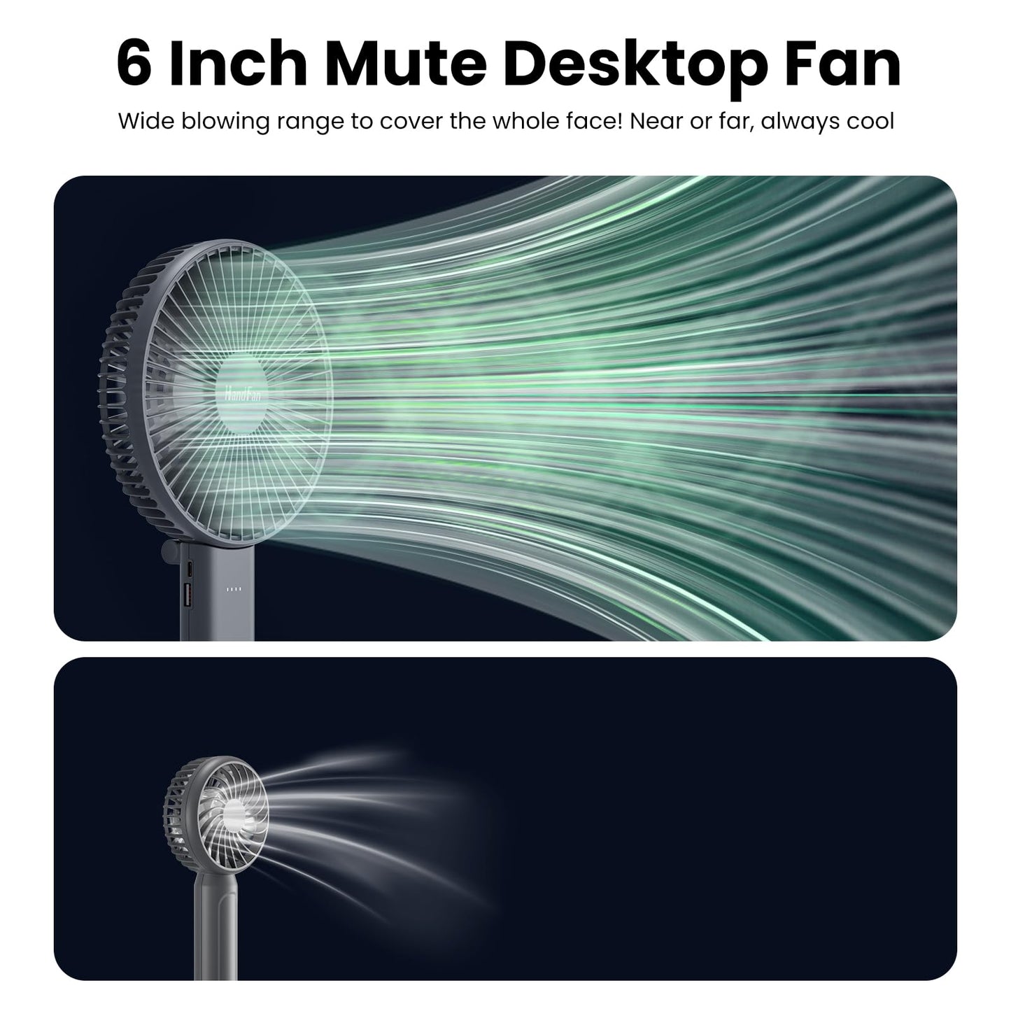 HandFan 6 Inch Handheld Fan with 4000mAh Battery 6 Speed Personal Fan, Strong Airflow, Cooling Desk Removable Base Design, 5-34H Working Time, 180° Foldable for Travel Outdoor Office Household(grey)
