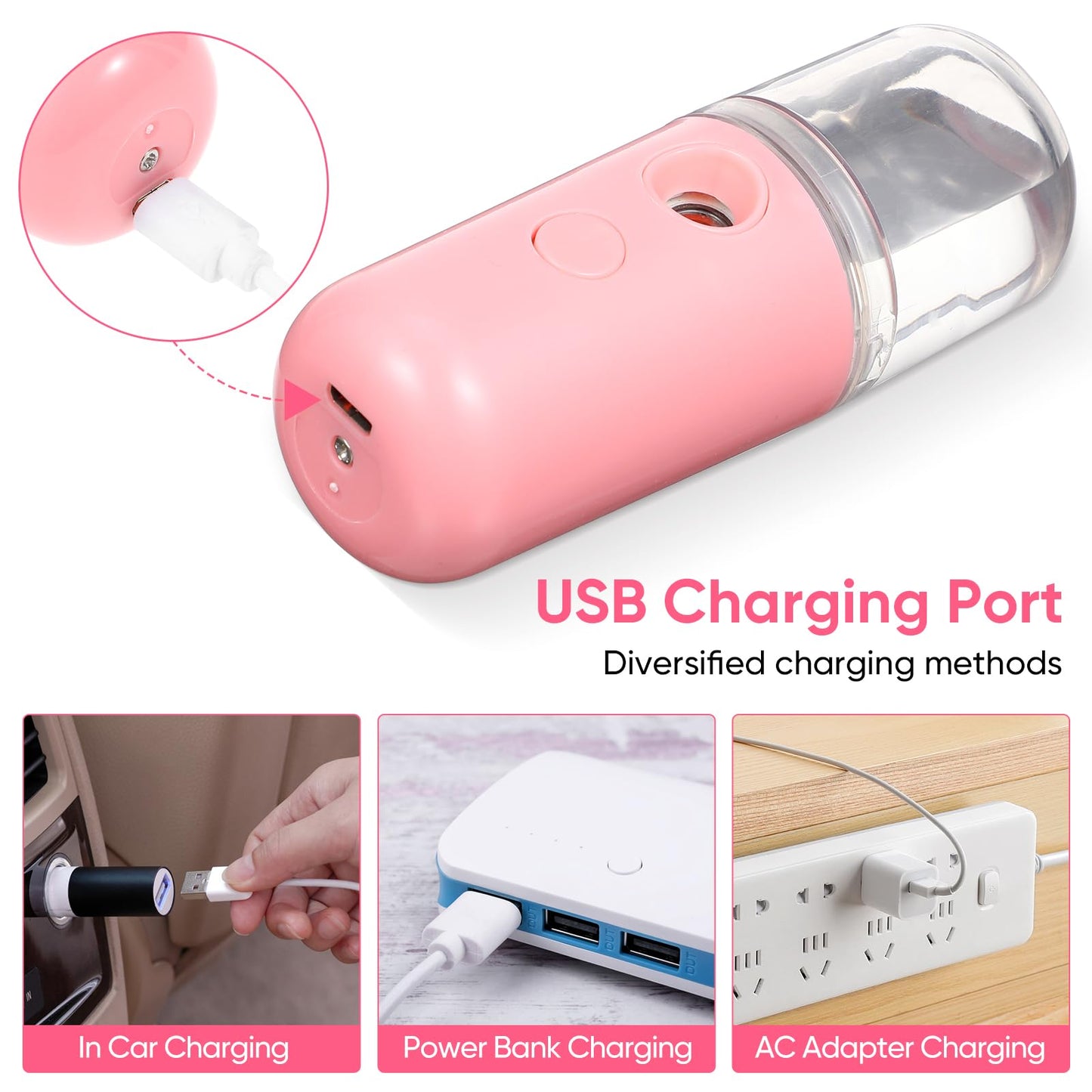 1pc Usb Spray Humidifier Moistener with Ultrasonic Aromatherapy for Home Office and Car Easy to Clean Rechargeable Present Pink