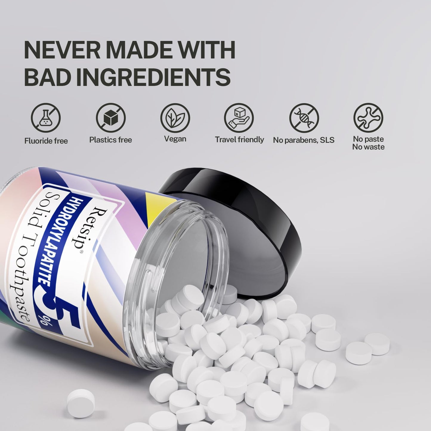 Retsip Toothpaste Tablets - 5% Nano Hydroxyapatite, Fluoride Free, Travel Friendly, Eco &Plastic Free, Remineralize & Whitening - 62pcs