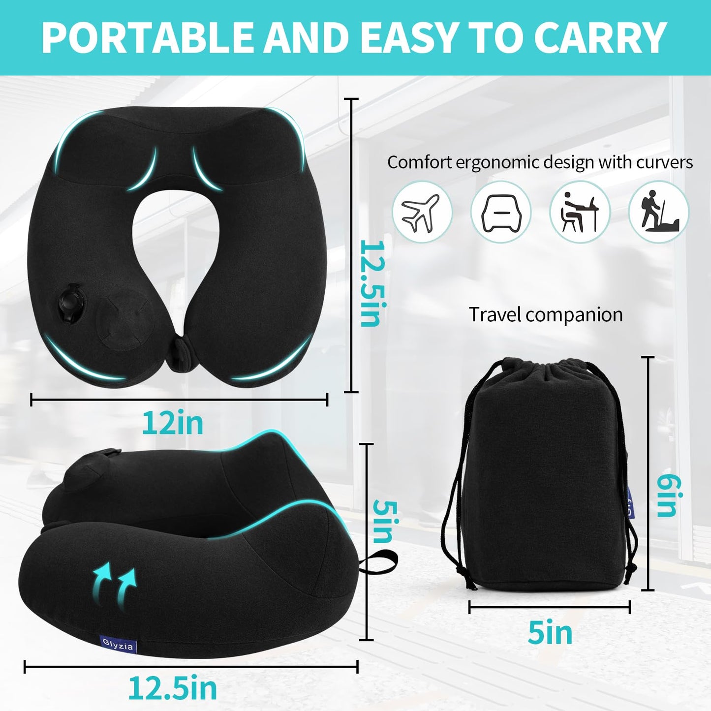 Glyzia Inflatable Travel Neck Pillow for Airplane, Head Support Velvet Adult Neck Pillow for Long Flight, Kit with Eye Mask, Earplugs and Storage Bag,1, Black