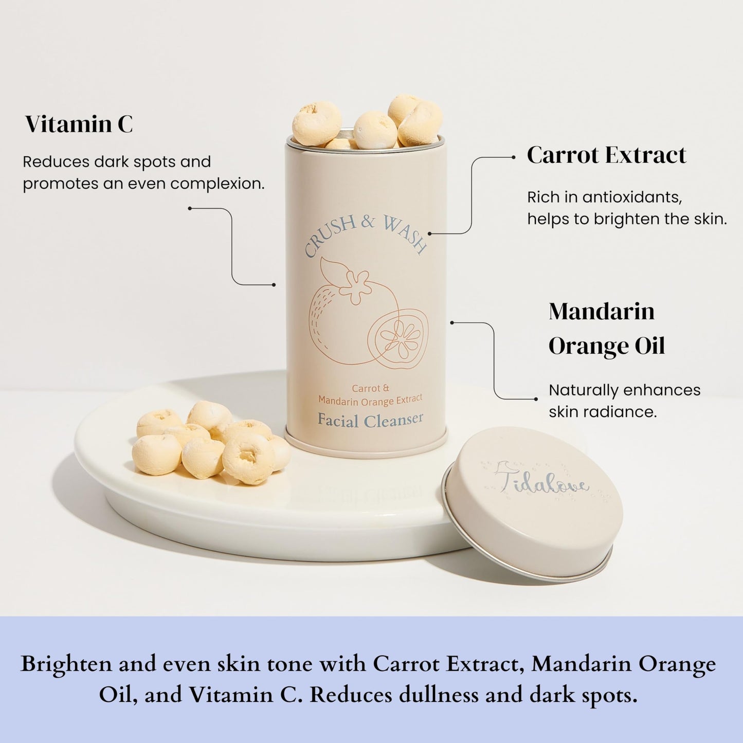 Tidalove 3-in-1 Solid Facial Cleanser, Exfoliator, and Wash-off Mask - Vegan, Cruelty-Free, Plastic-Free, Travel-Friendly, 1 Month Supply (60 Crushable Tablets) in Tin (Brightening Beans in Tin)