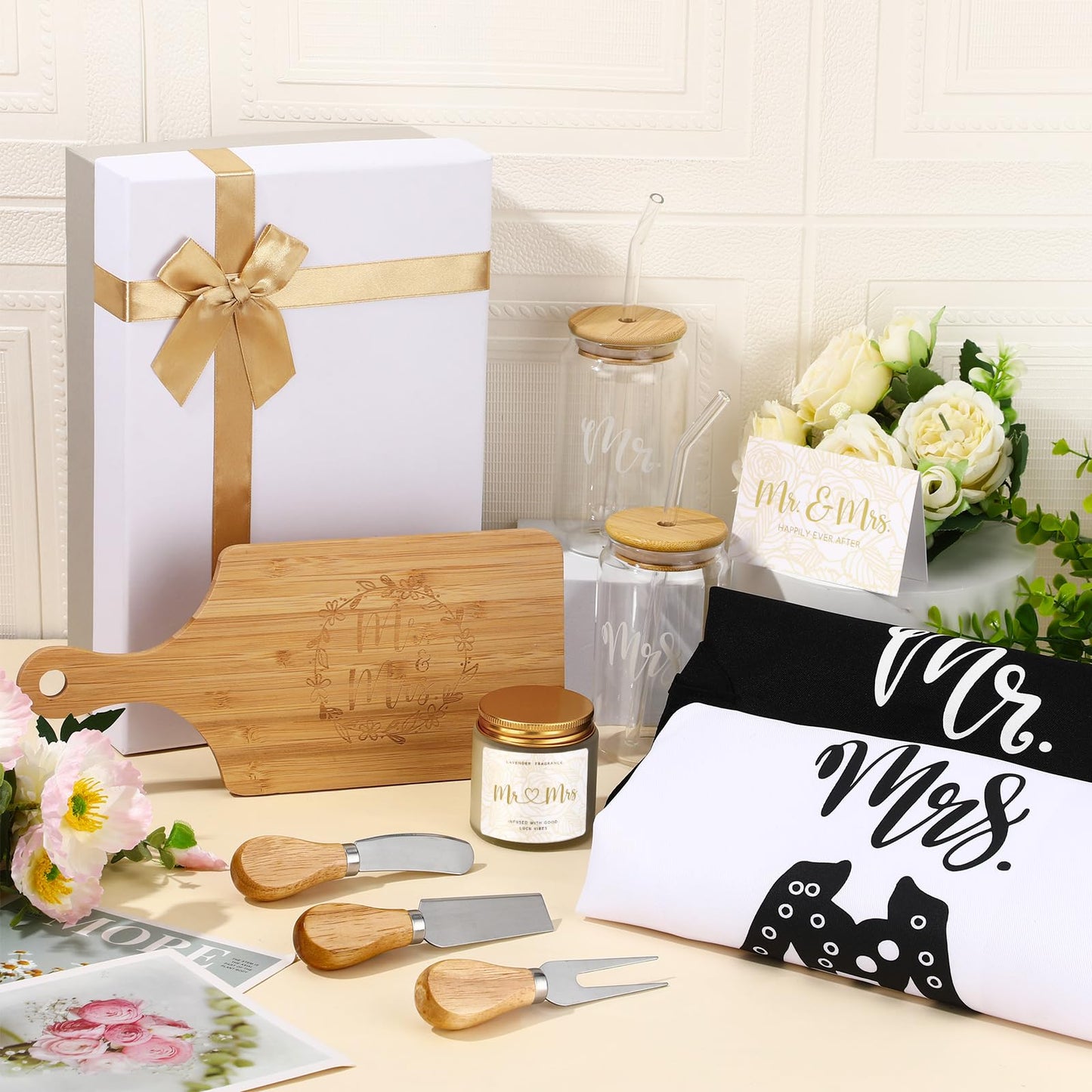 Singhoow 12 Pcs Wedding Gifts for Couples Mr Mrs Glass Cups Aprons Charcuterie Board Candle Butter Knife Box Set for Bridal Shower Engagement Anniversary Newlywed Bride Groom His and Her