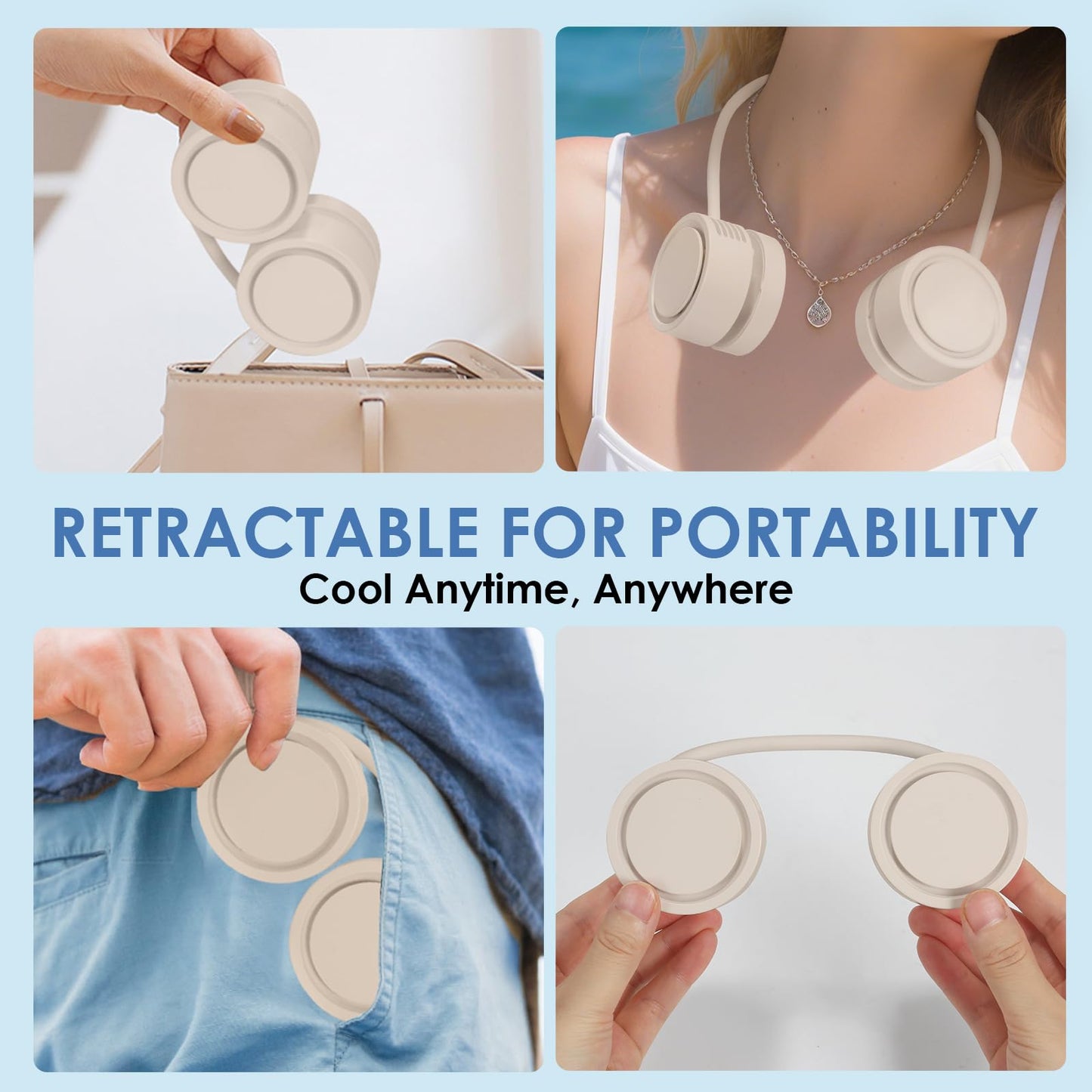 ZEMIRO CHARGE Neck Fan, Portable Bladeless Wearable Fan with 360° Airflow, 3 Speeds, 1600mAh Rechargeable Battery, Quiet Foldable USB Personal Fan for Men, Women, Outdoor, Travel, Gift