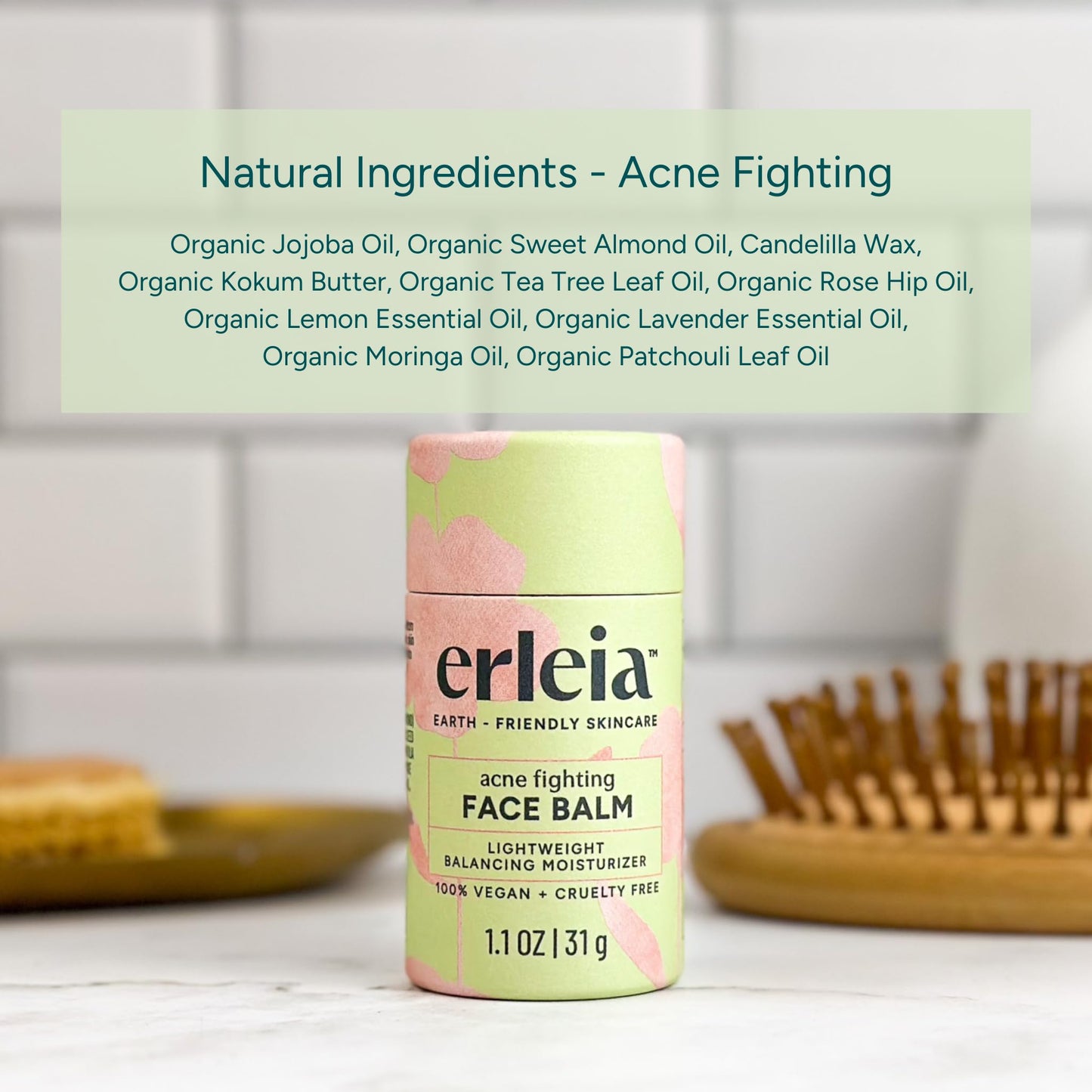 Erleia Face Balm - Solid Facial Moisturizer for Acne, Vegan, Cruelty-Free, Travel-Friendly, Plastic-Free, Sustainably-Sourced Ingredients
