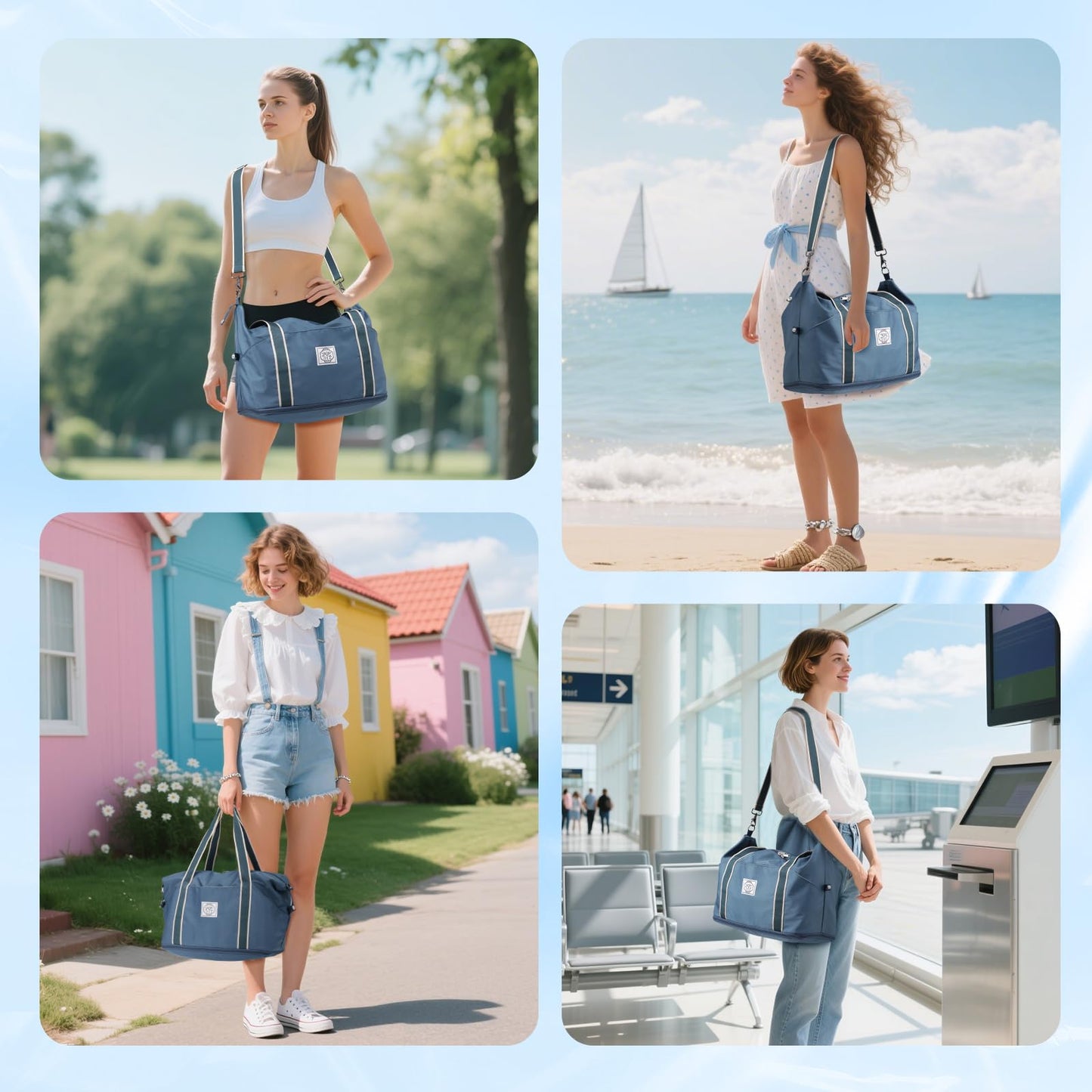 WALNEW Travel Duffel Bag, Weekender Overnight Carry On Bag for Women Men, Foldable Waterproof Gym Luggage with Metal Buckle Detachable Shoulder Strap and Wet Compartment (Peacock Blue)