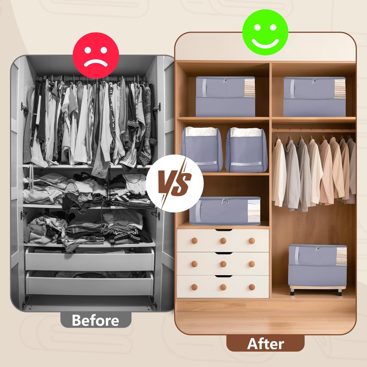 Compression Storage Bags for Clothes, Foldable Reusable Organizers for Down Coats, Comforters, Beddings, Blankets, Self Compression Packing Cubes Space Saver Bags with Dual Zippers, 2 Pack, 40 L, Gray