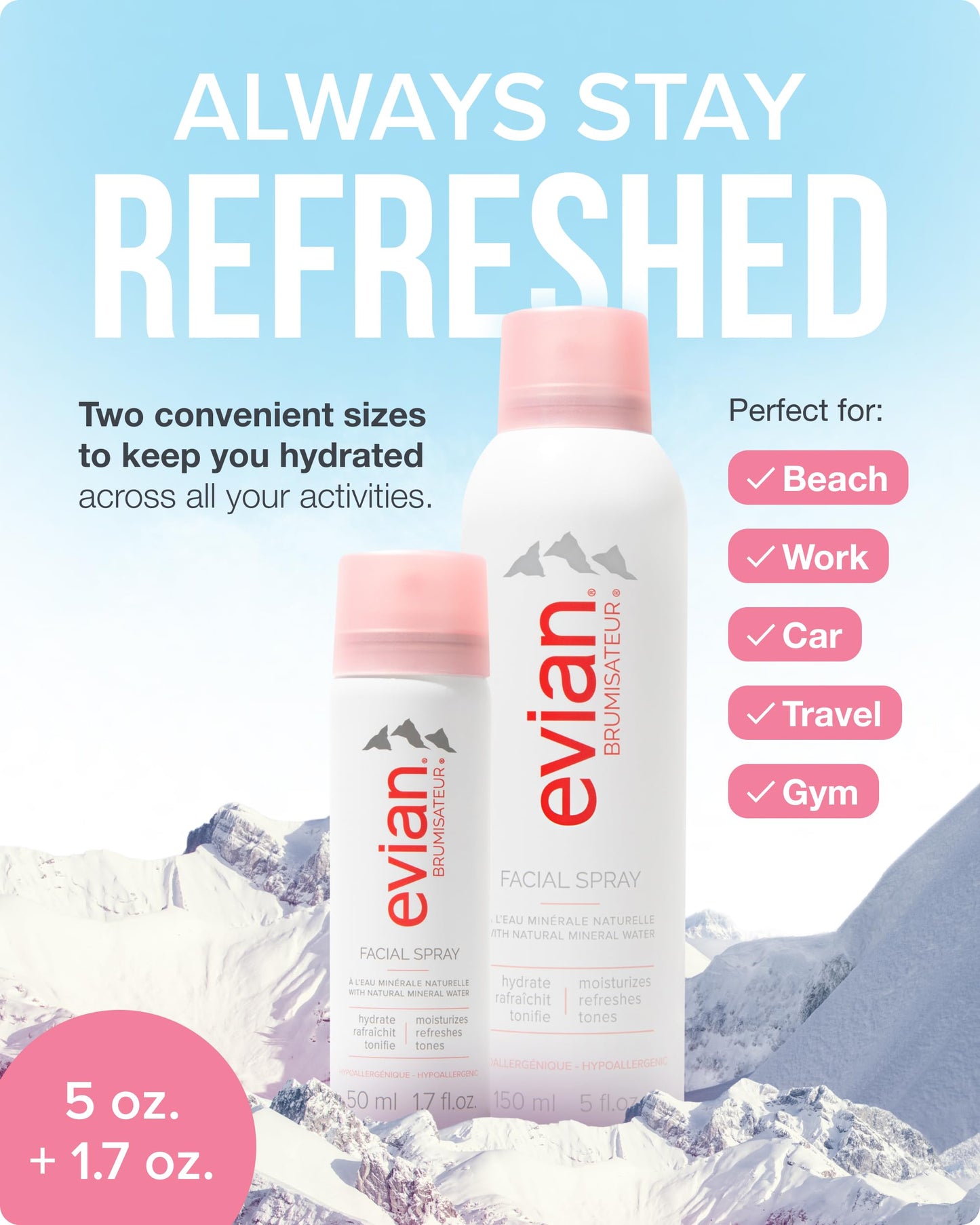 Evian Facial Spray Weekender Kit - Hydrating Mineral Water Mist for Face & Skin - Refreshes Makeup, Sets, & Tones - Travel-Friendly Size for Weekend Hydration and Skincare Essentials