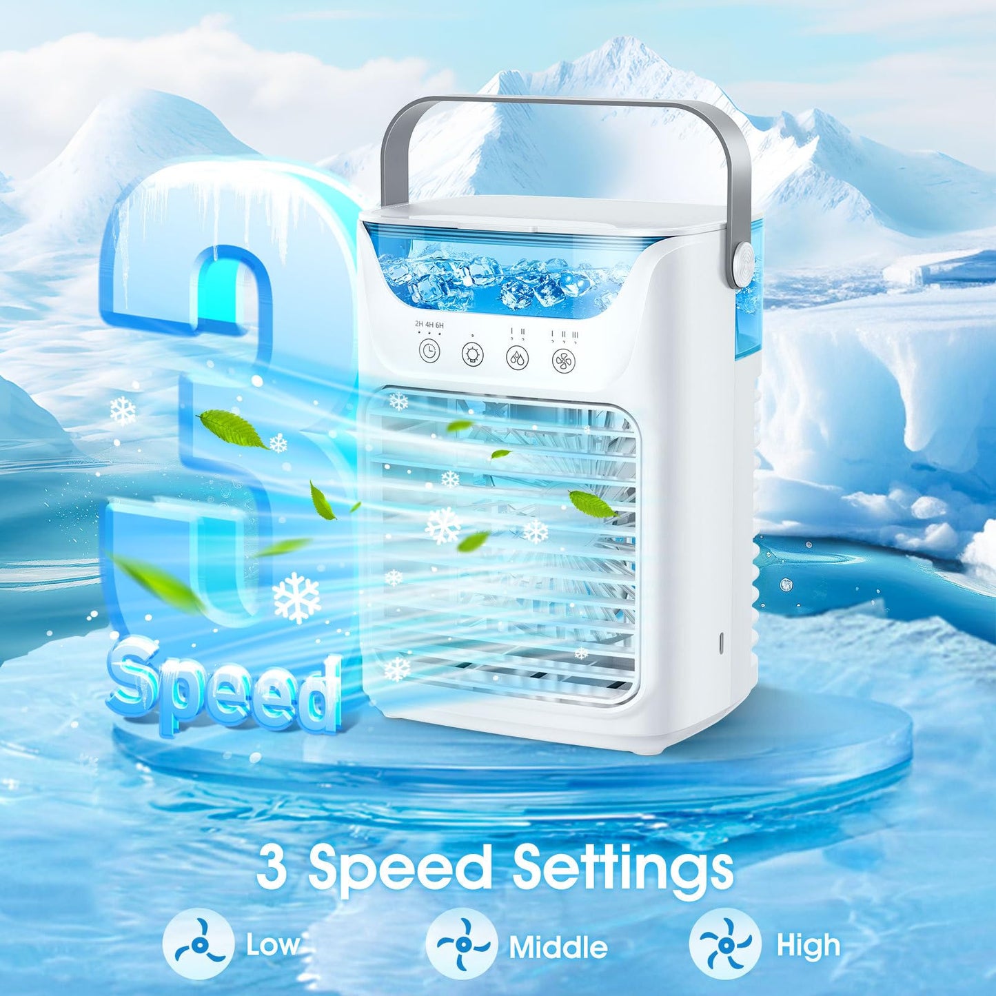 Portable Air Conditioner 3-in-1Mini Fan Cooler & Humidifier with 700 ml Top-Fill Water Tank 7-Color Night Light 2/4/6 H Timer & Ultra-Quiet Operation