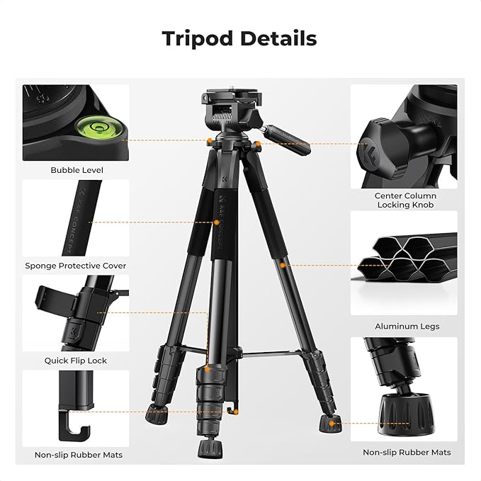 K&F CONCEPT Camera Tripod, 75" Lightweight Portable Travel Outdoor DSLR Tripods for Camera Phone Video Recording Tripod Stand, Cellphone Clip for Smartphone Live Streaming Vlog, Black