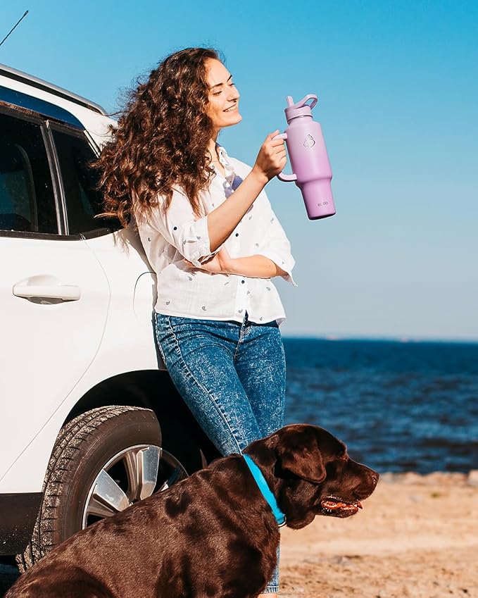 BUZIO 40 oz Water Bottle Fits in Cup Holder, Insulated Tumbler with Handle, Water Flask with Lid for Cold Hot, Sweat-Proof Wide Mouth Travel Mug for Sports, Gradient Purple