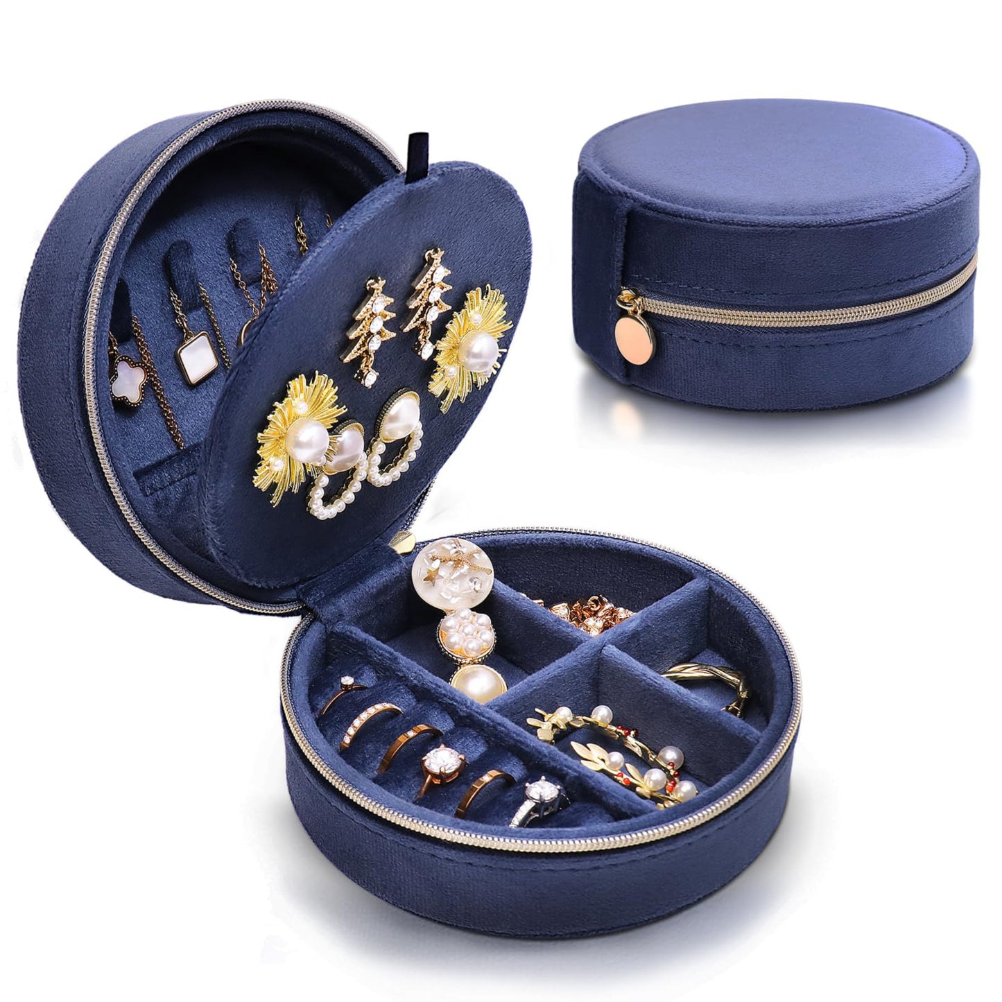 CONBOLA Travel Jewelry Case Small Jewelry Box for Women Girls,Round Velvet Jewelry Travel Organizer,Portable Jewelry Box for Rings Earrings Necklaces Bracelets.(Blue,Large)