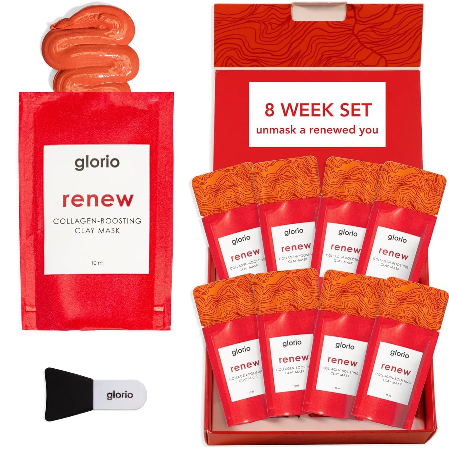 Glorio RENEW: 8 Collagen Boosting Clay Face Mask Treatments - Rare Red Clay - 8 Week Beauty Gift Set - Reduce Lines & Wrinkles - Retinol, Hyaluronic Acid, Facial Skin Care, Self Care, Skincare Women