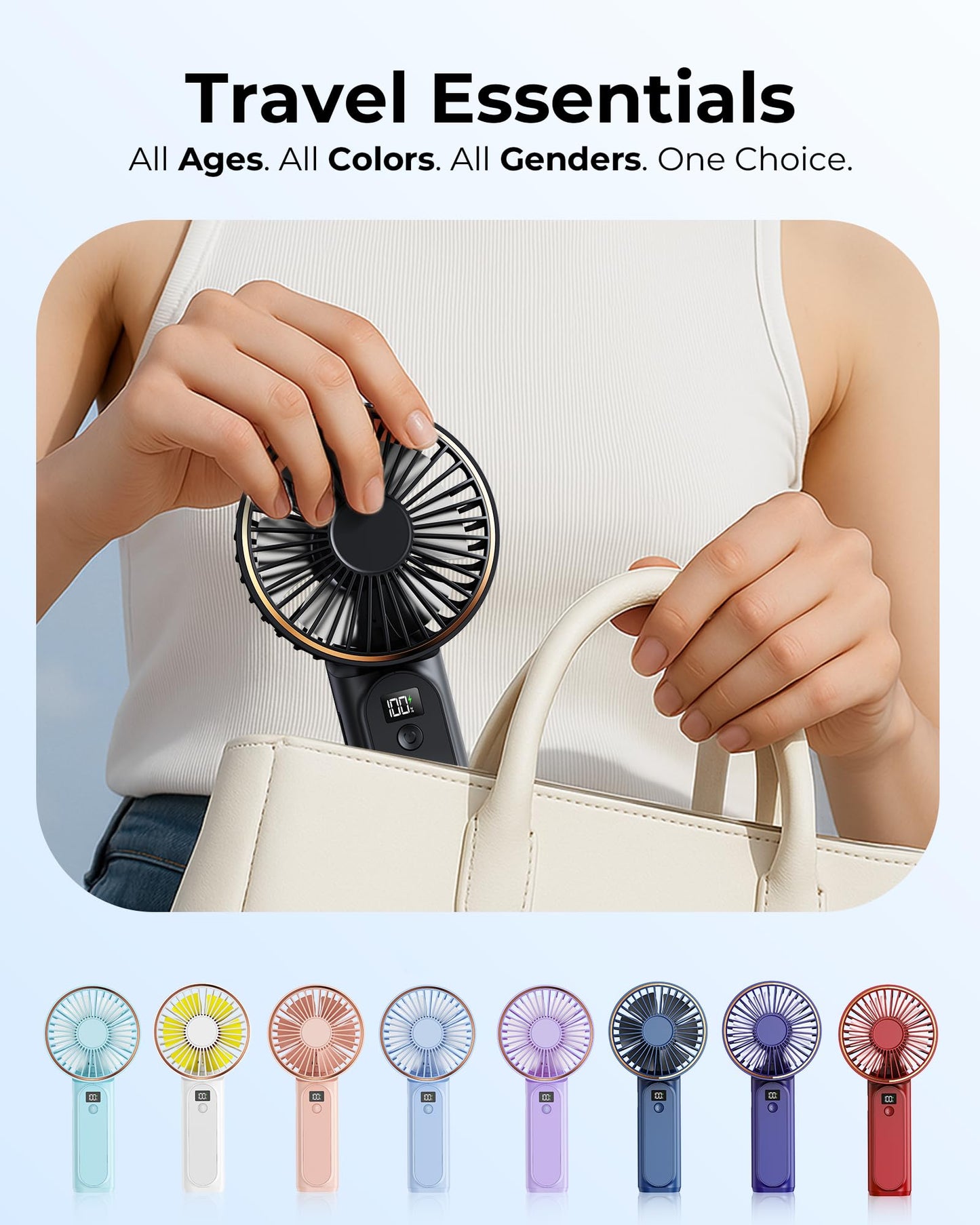 TUNISE Portable Handheld Fan, 4000mAh, 180 Adjustable, 6 Speed Wind, Display Electricity in Real Time, USB Rechargeable Foldable Personal Fan