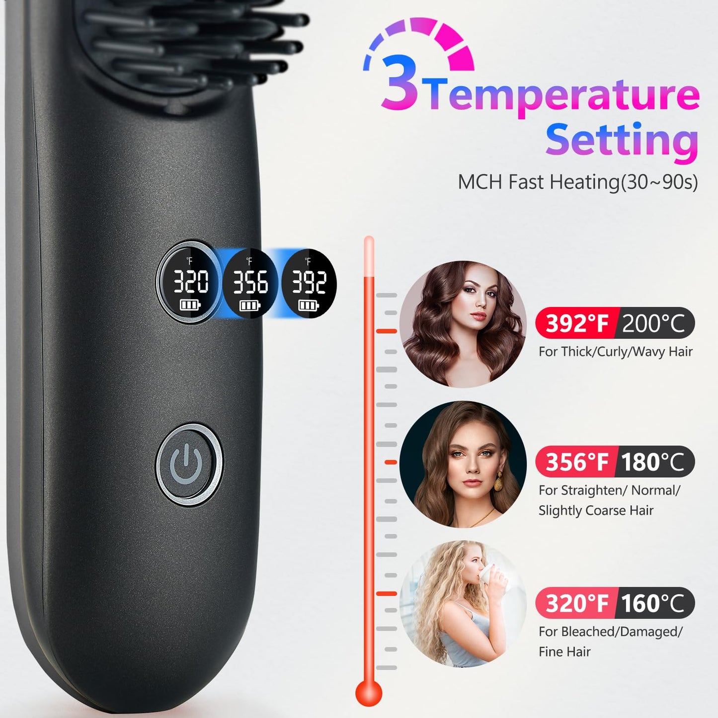 STUDLLY LCD Screen Cordless Hair Straightener Curler 2 in 1, Portable Mini Hair Straightening Brush for Travel Negative Ionic Fast Heating Hot Comb for Women, Folding Brush with Mirror, Black