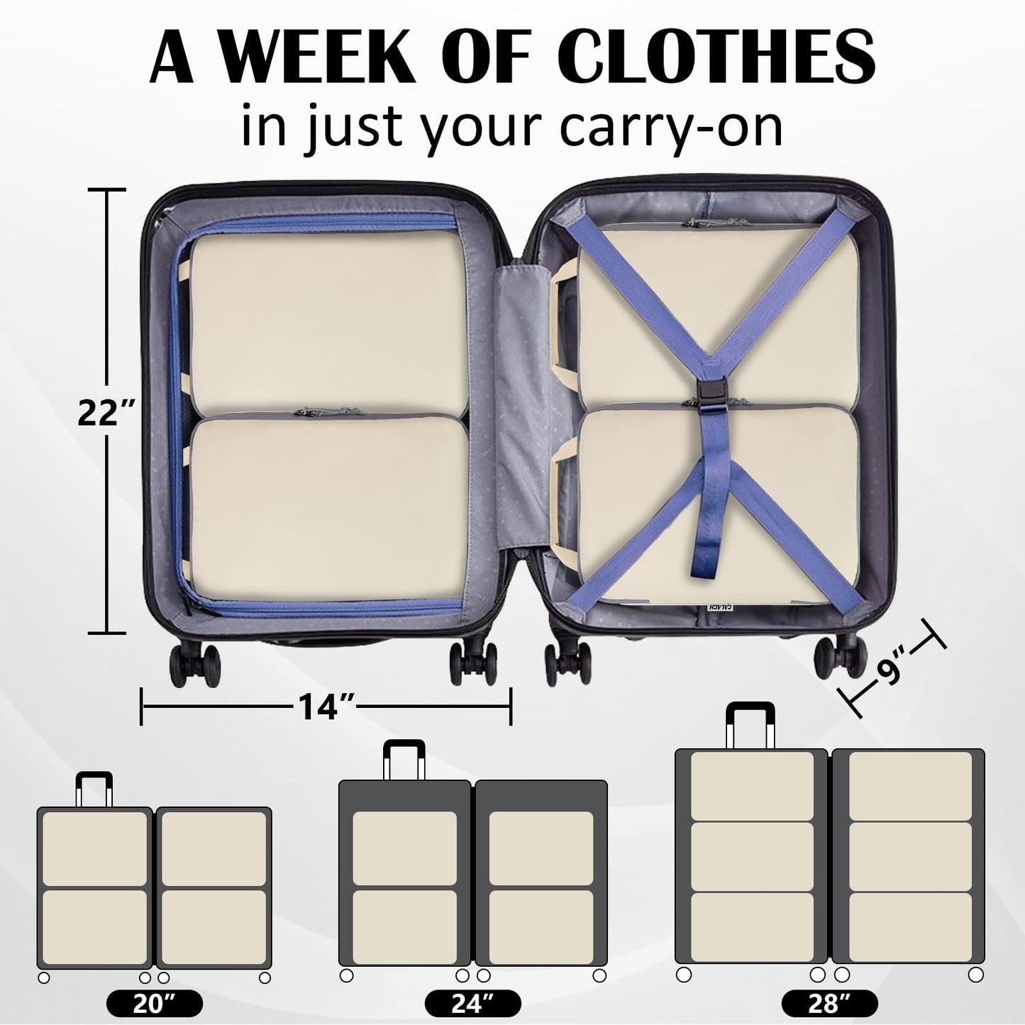 Compression Packing Cubes for Travel Essential, 2 Set Compression Bags Travel Cubes for Packing Suitcase Luggage Organizer Bags Set, Beige