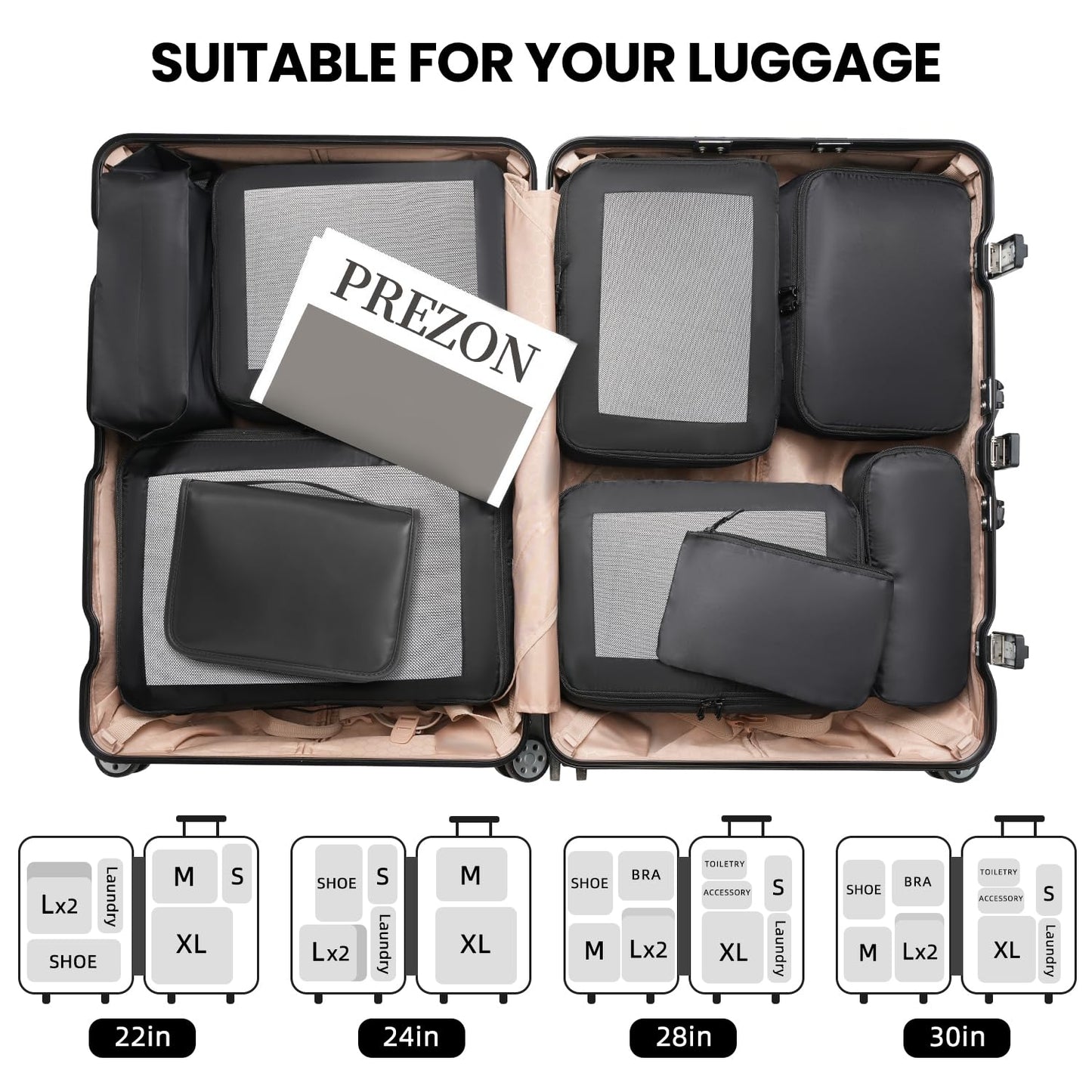 Packing Cubes for Travel | 10 Set, 8 Set |Durable Luggage Organizer 4 Size(Extra Large, Large, Medium, Small),Comprehensive Cubes for Toiletry,Underwear, Shoe,Travel Essentials,Efficient Women Gifts