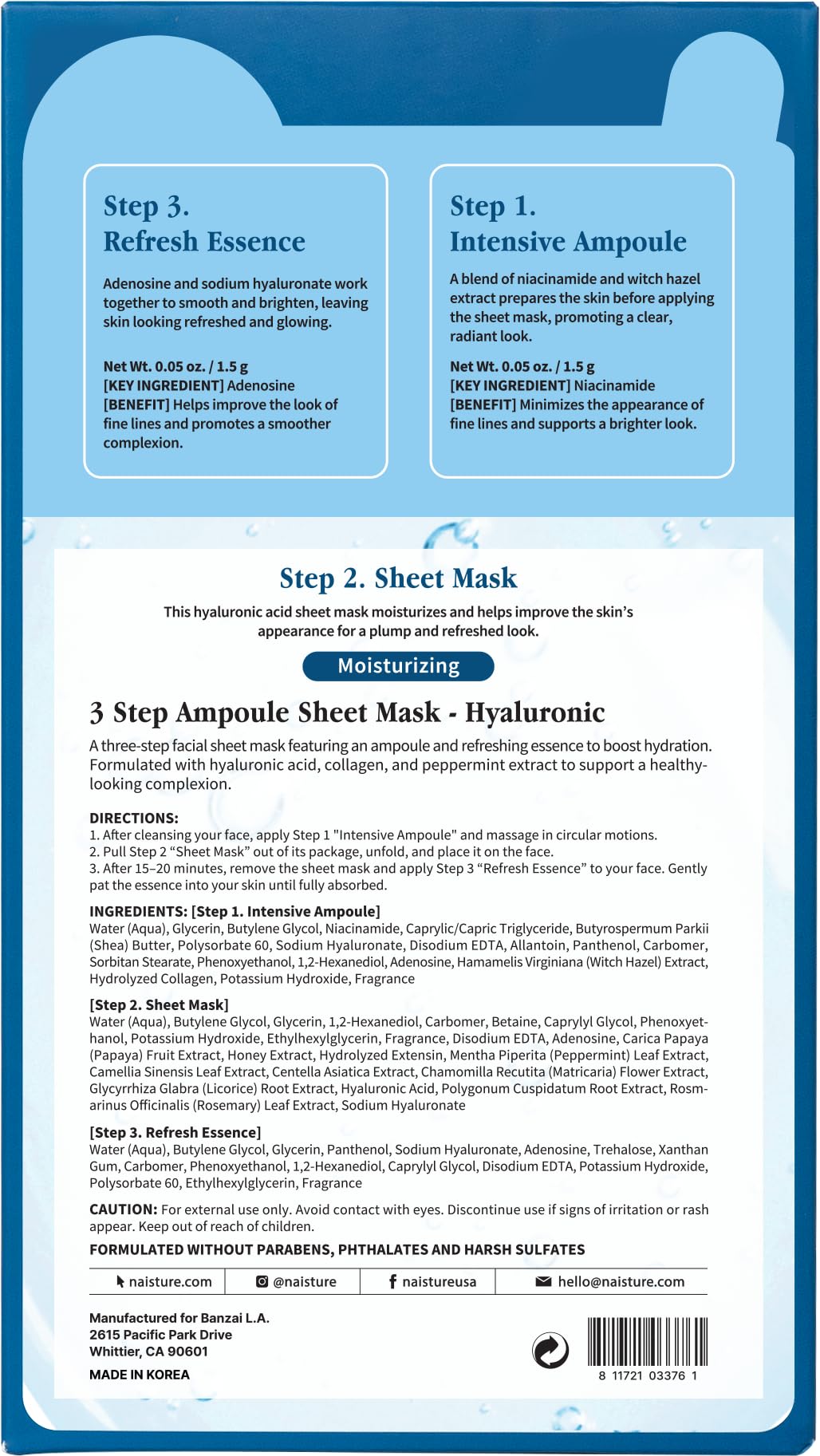 Naisture 3 Step Ampoule Hydrating Sheet Mask Set for Skin Elasticity, Smoothing, and Moisture. Korean Skincare Kit with Ampoule, Mask, and Essence (5 pcs) (Hyaluronic Acid)