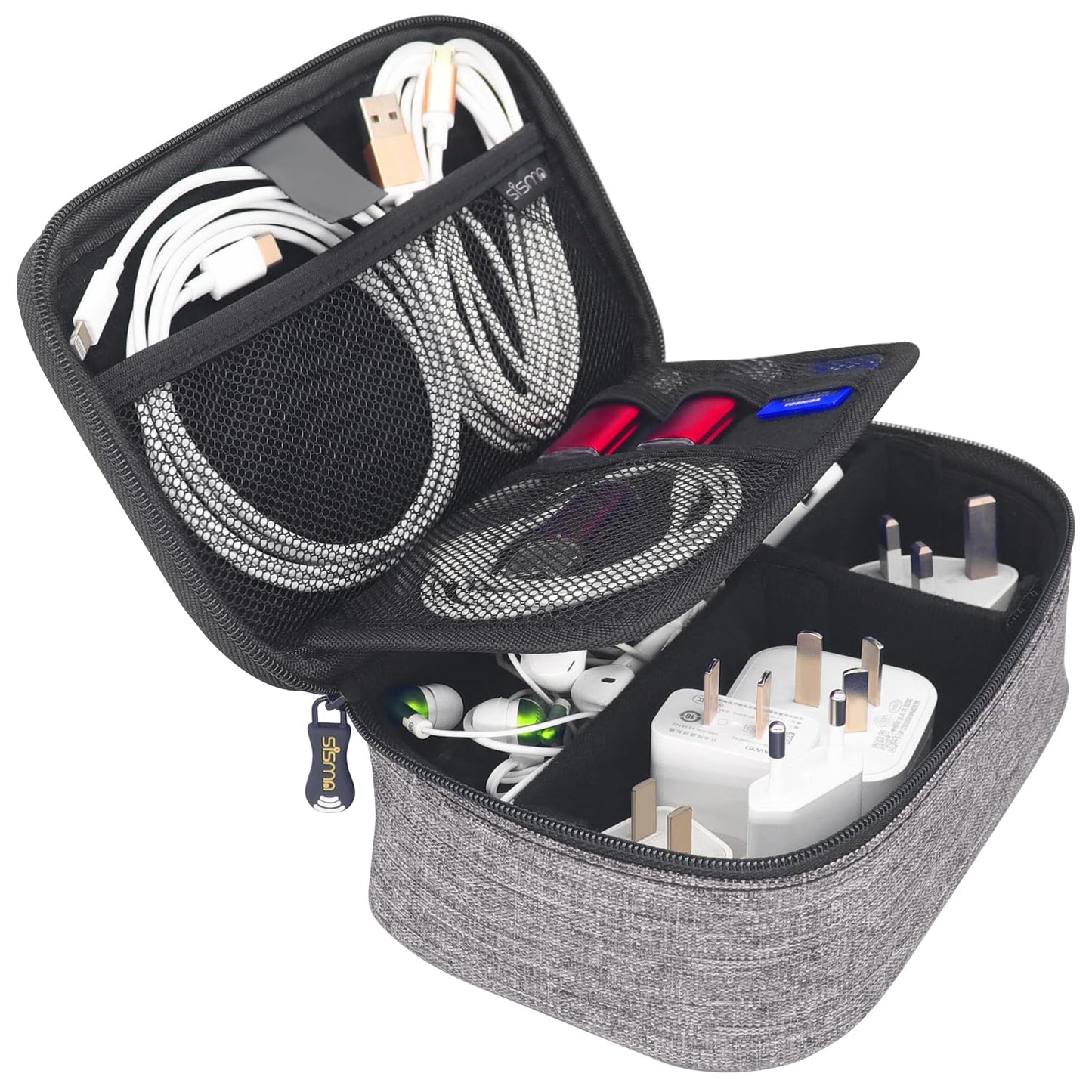 sisma Electronics Cords Organizer Tech Accessories Storage Case Travel Small Carrying Bag for Charging Cables Adapter USB Plugs Power Cord Leads - Grey 1680d