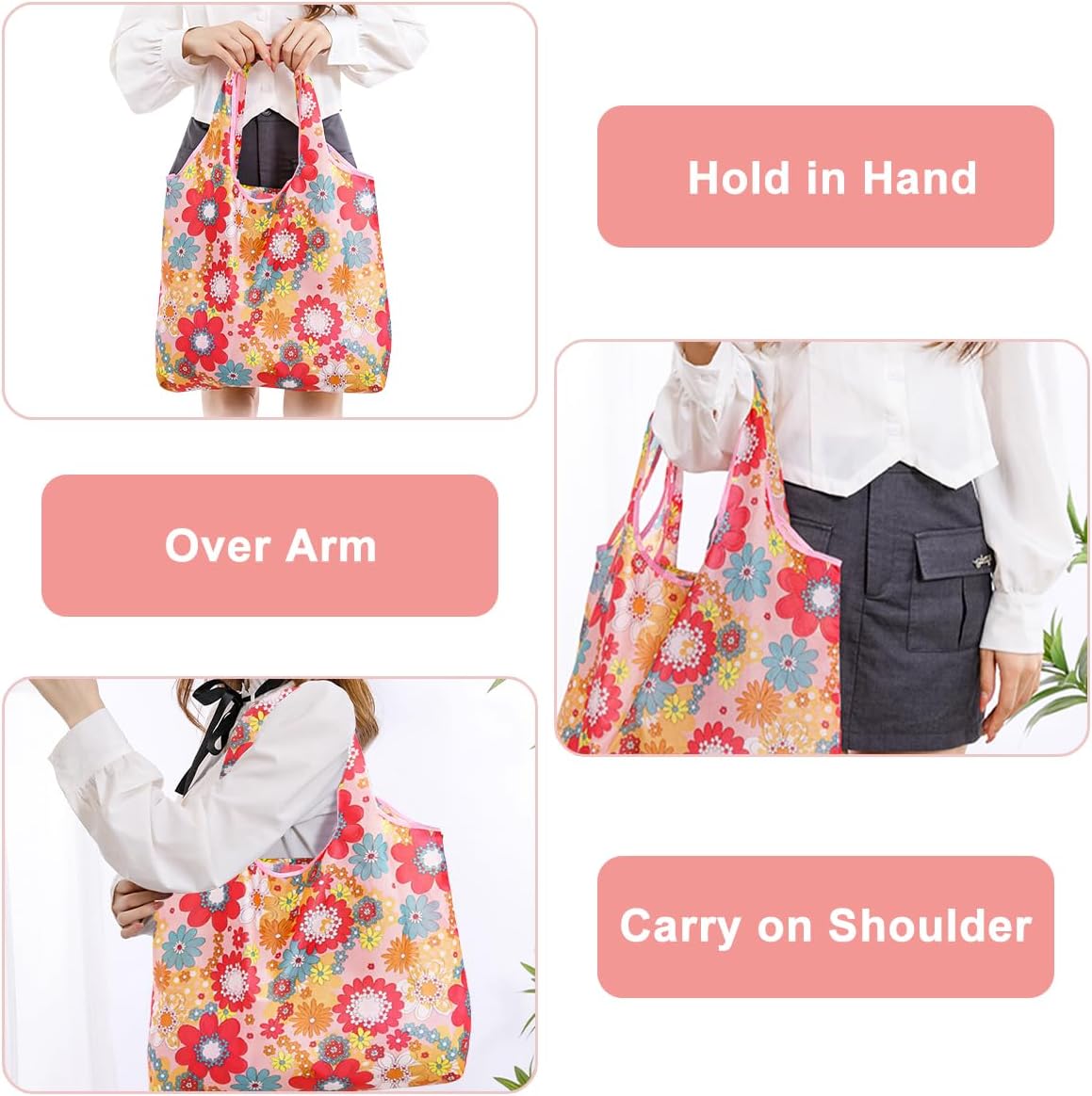 DIBALIYI 8 Pcs Reusable Floral Grocery Bags, Foldable Washable Fashion Shopping Bags, Portable Eco-friendly Tote Bag Gifts for Women, Cute Waterproof Flower Travel Recycle Bag for Supermarket (8Pcs)