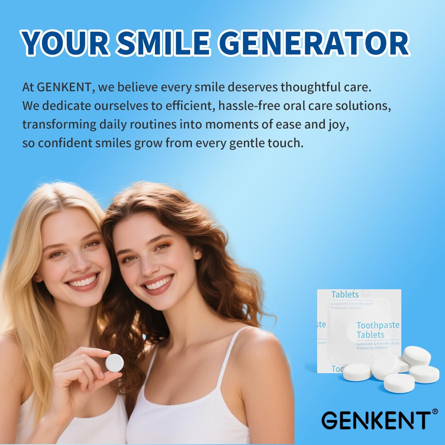 GENKENT Toothpaste Tablets, Fluoride & Plastic Free Chewable Toothpaste Tabs, Eco & Travel Friendly (60 Count)