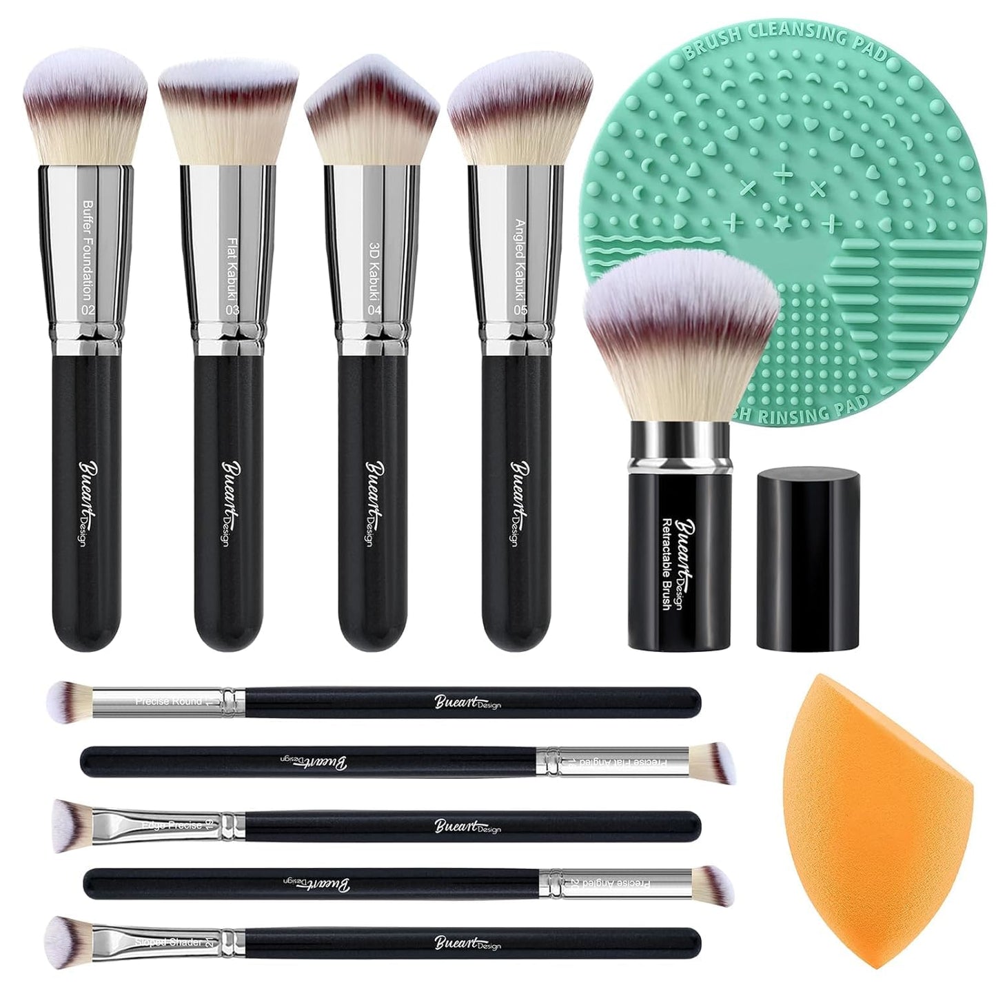 Bueart Design Essential Makeup Brushes set With Travel Retractable Powder Brush vegan Hair for Foundation concealer eyeshadow face Contour Brush (10Pcs Pearl Black)